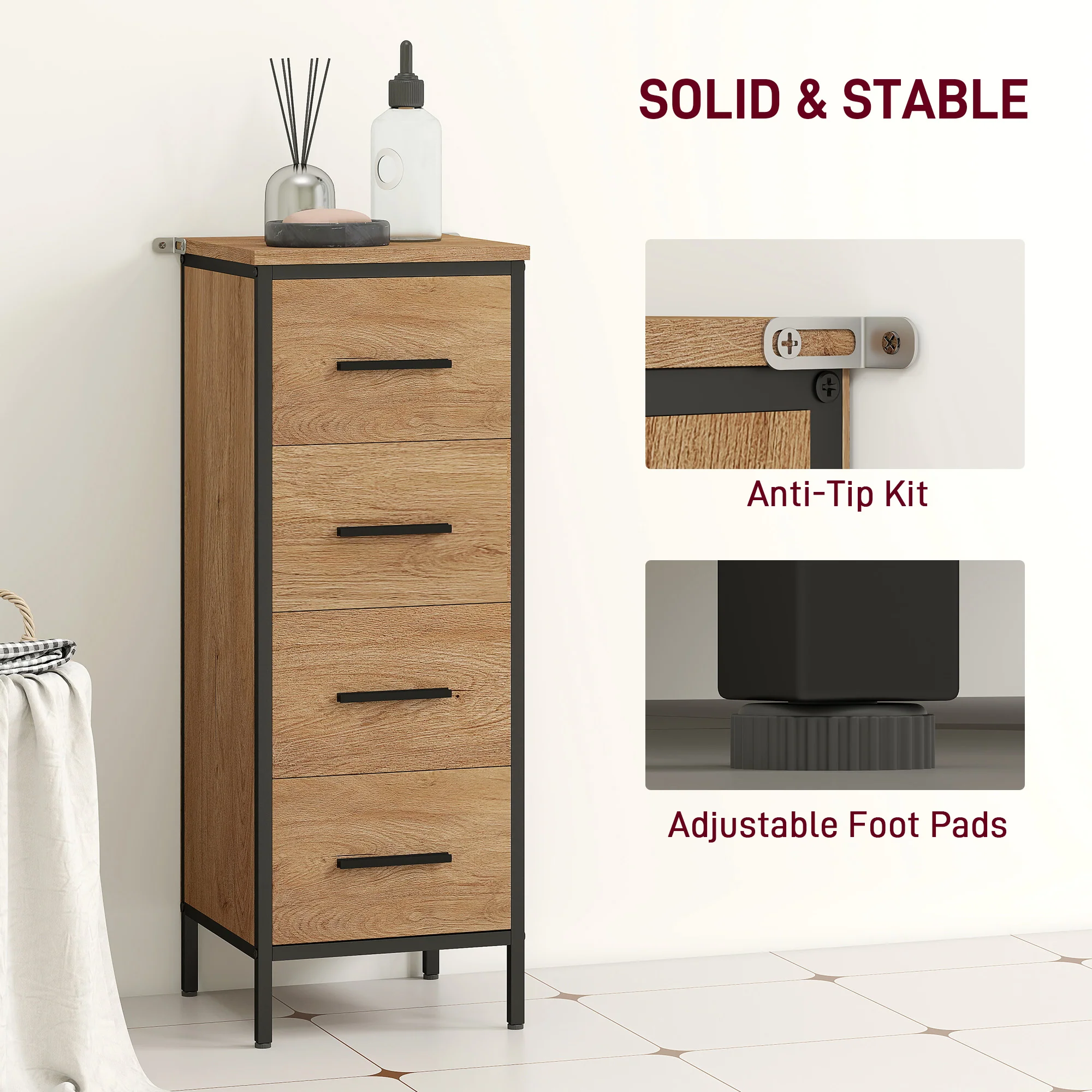 HOMCOM Narrow Bathroom Storage Cabinet with 4 Drawers for Small Spaces, Oak - Image 6