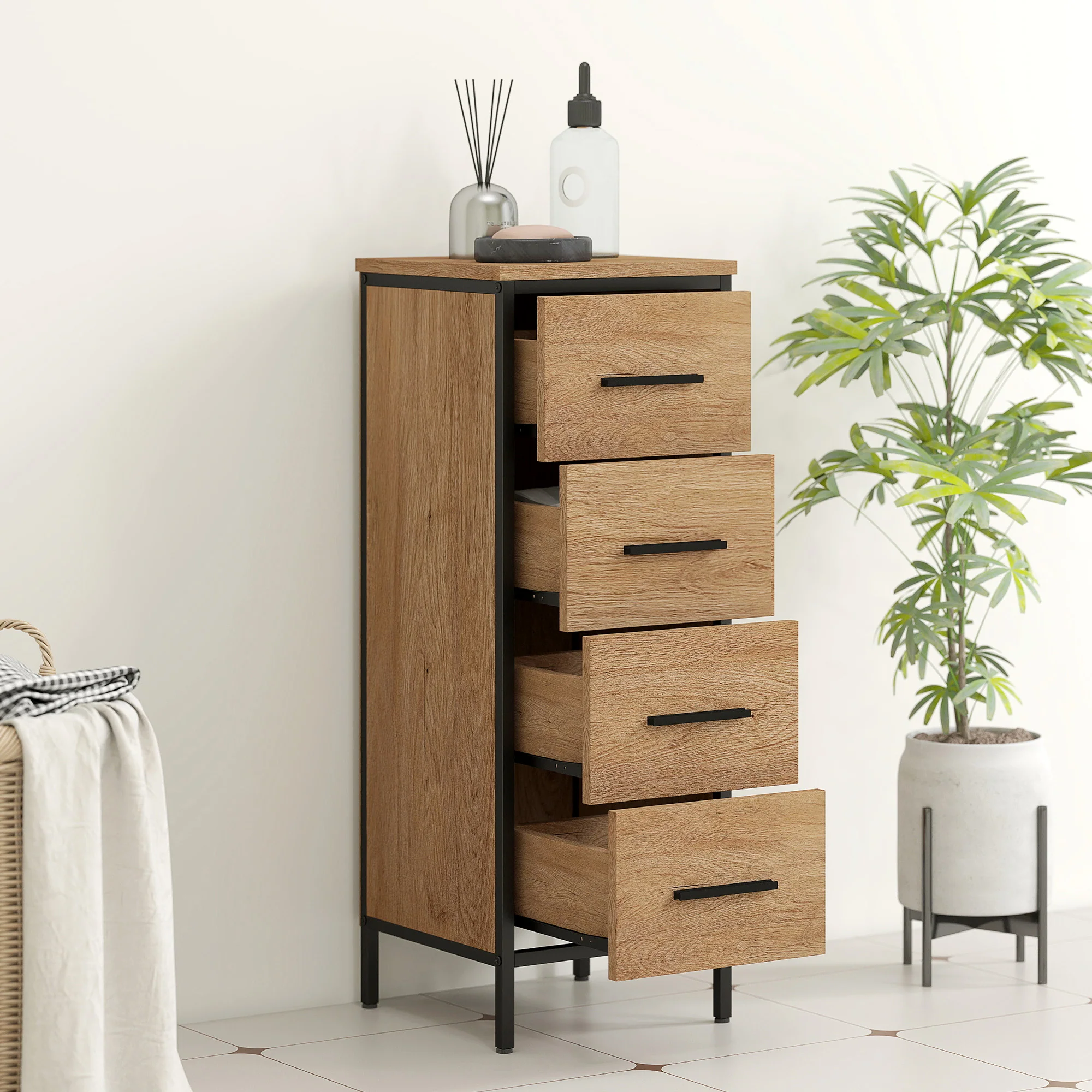 HOMCOM Narrow Bathroom Storage Cabinet with 4 Drawers for Small Spaces, Oak - Image 7