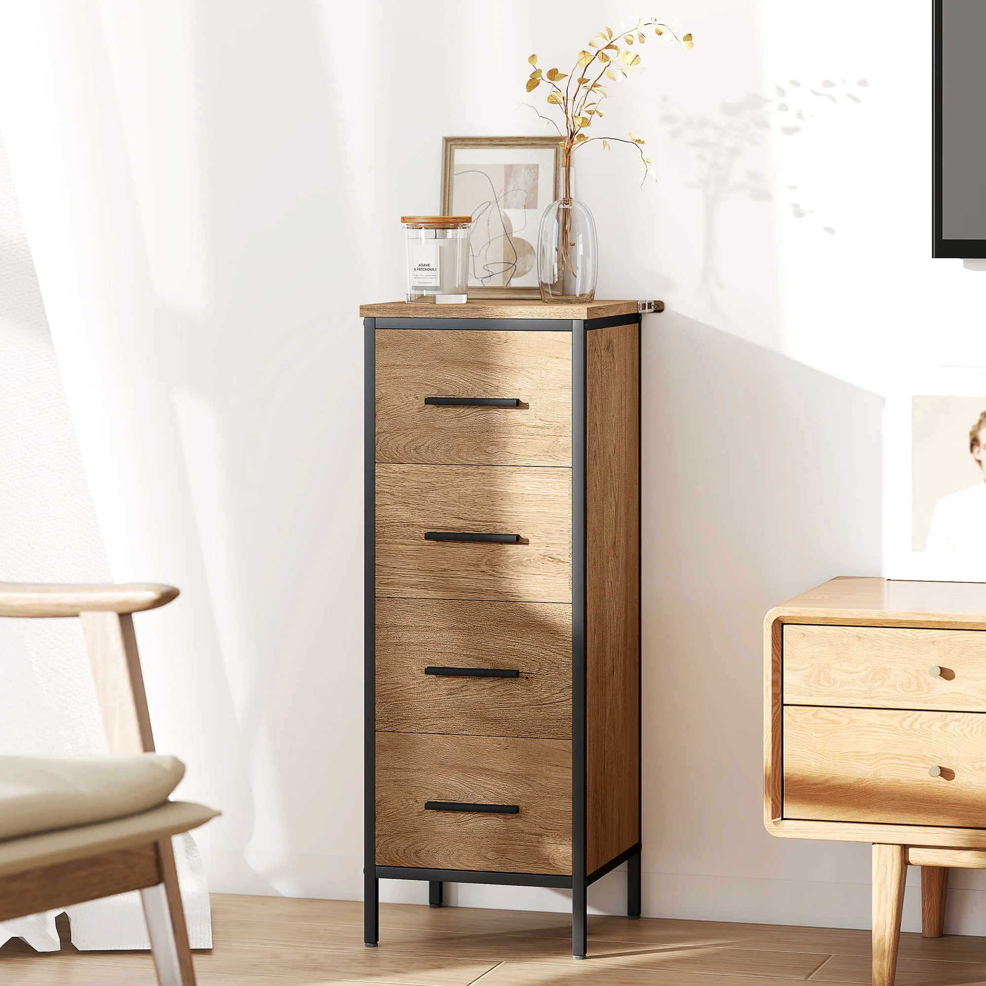 HOMCOM Narrow Bathroom Storage Cabinet with 4 Drawers for Small Spaces, Oak - Image 8