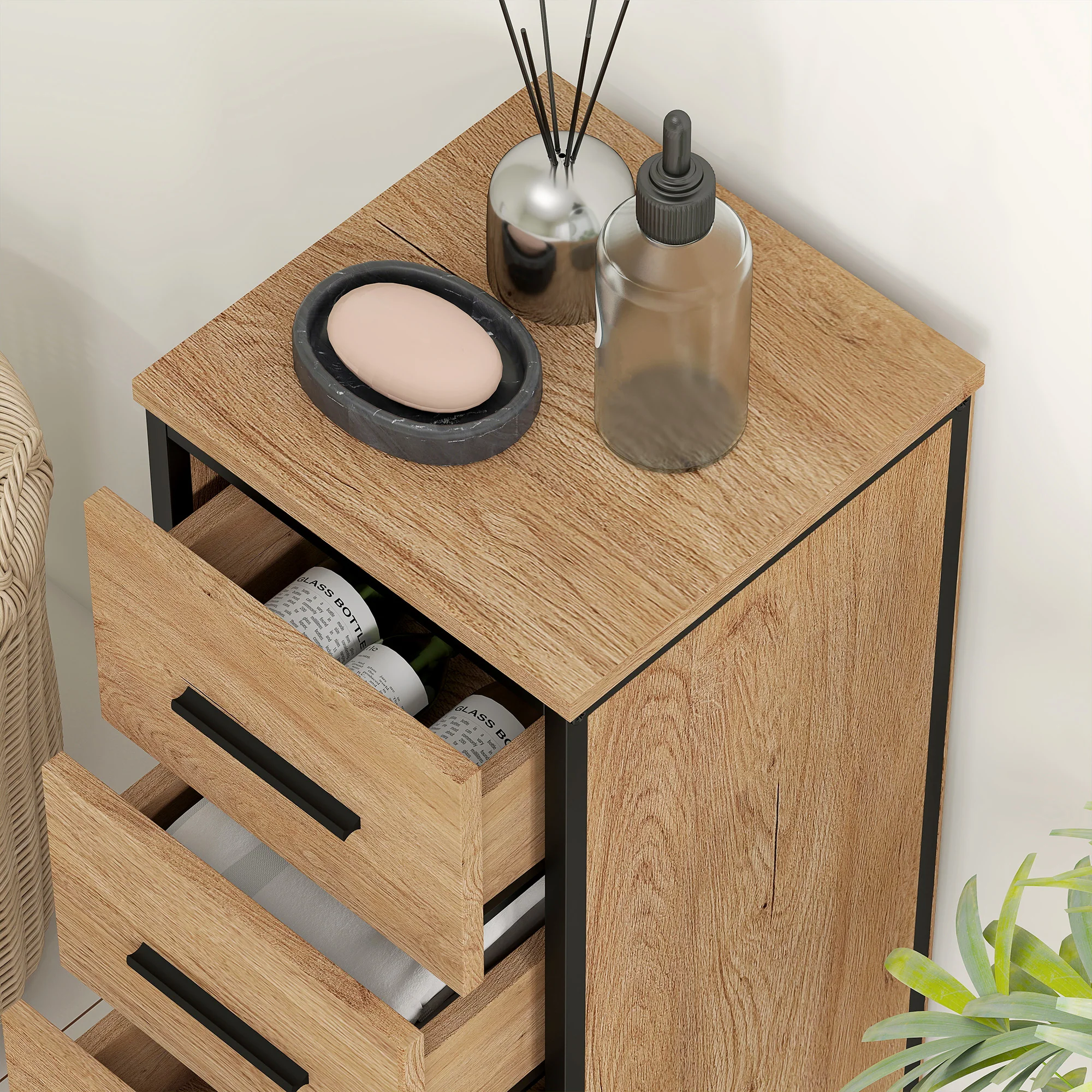 HOMCOM Narrow Bathroom Storage Cabinet with 4 Drawers for Small Spaces, Oak - Image 9