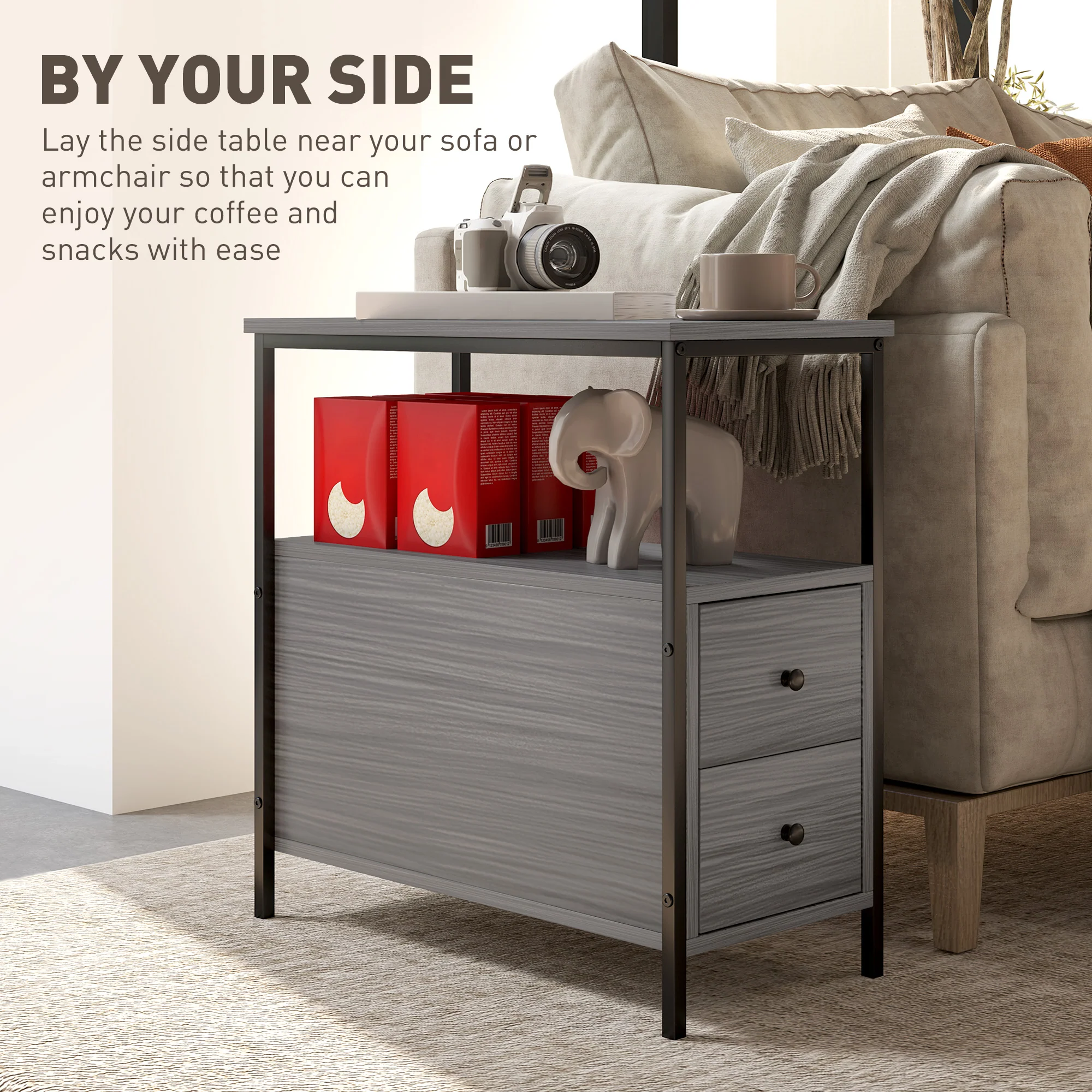 HOMCOM Narrow End Table, Sofa Side Table with 2 Drawers Storage Shelf, Grey - Image 3