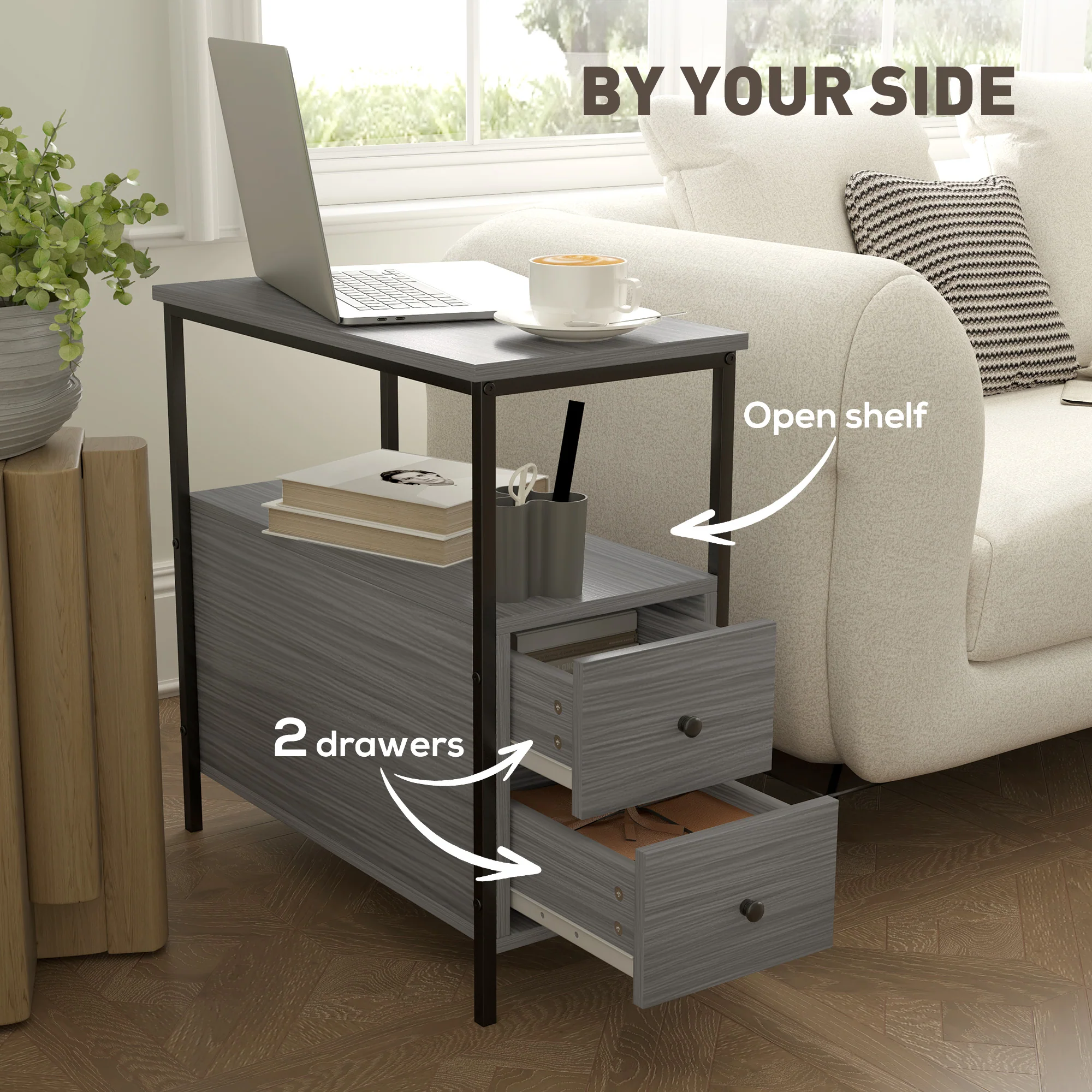 HOMCOM Narrow End Table, Sofa Side Table with 2 Drawers Storage Shelf, Grey - Image 4