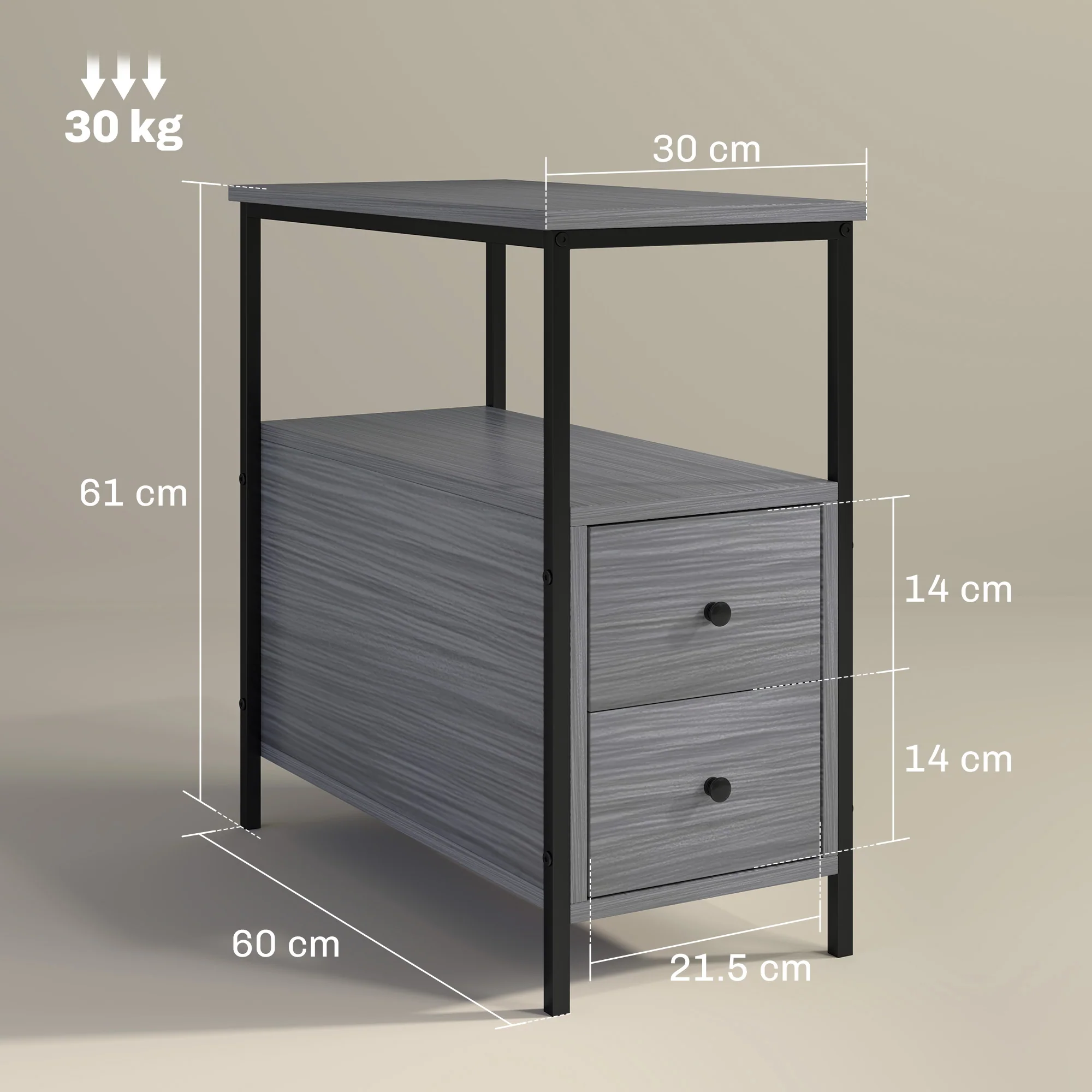 HOMCOM Narrow End Table, Sofa Side Table with 2 Drawers Storage Shelf, Grey - Image 5