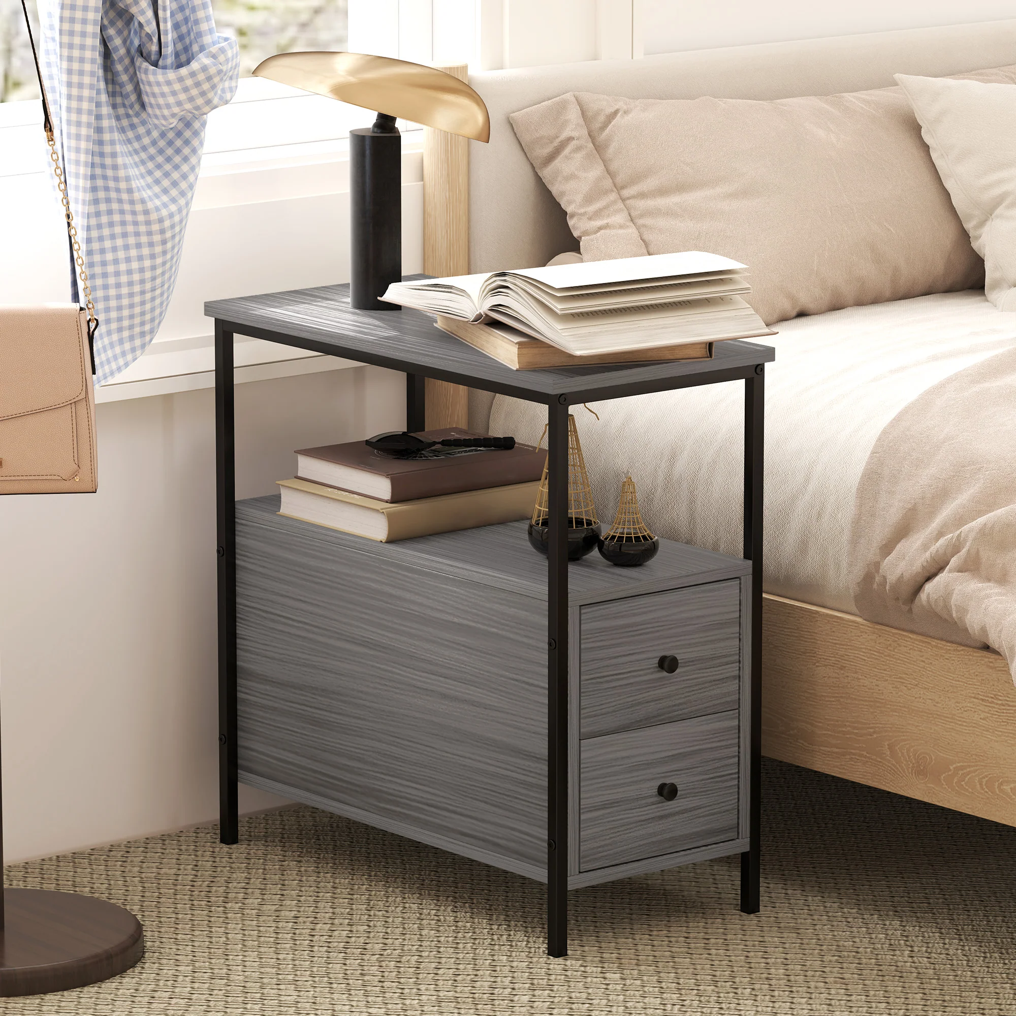 HOMCOM Narrow End Table, Sofa Side Table with 2 Drawers Storage Shelf, Grey - Image 7