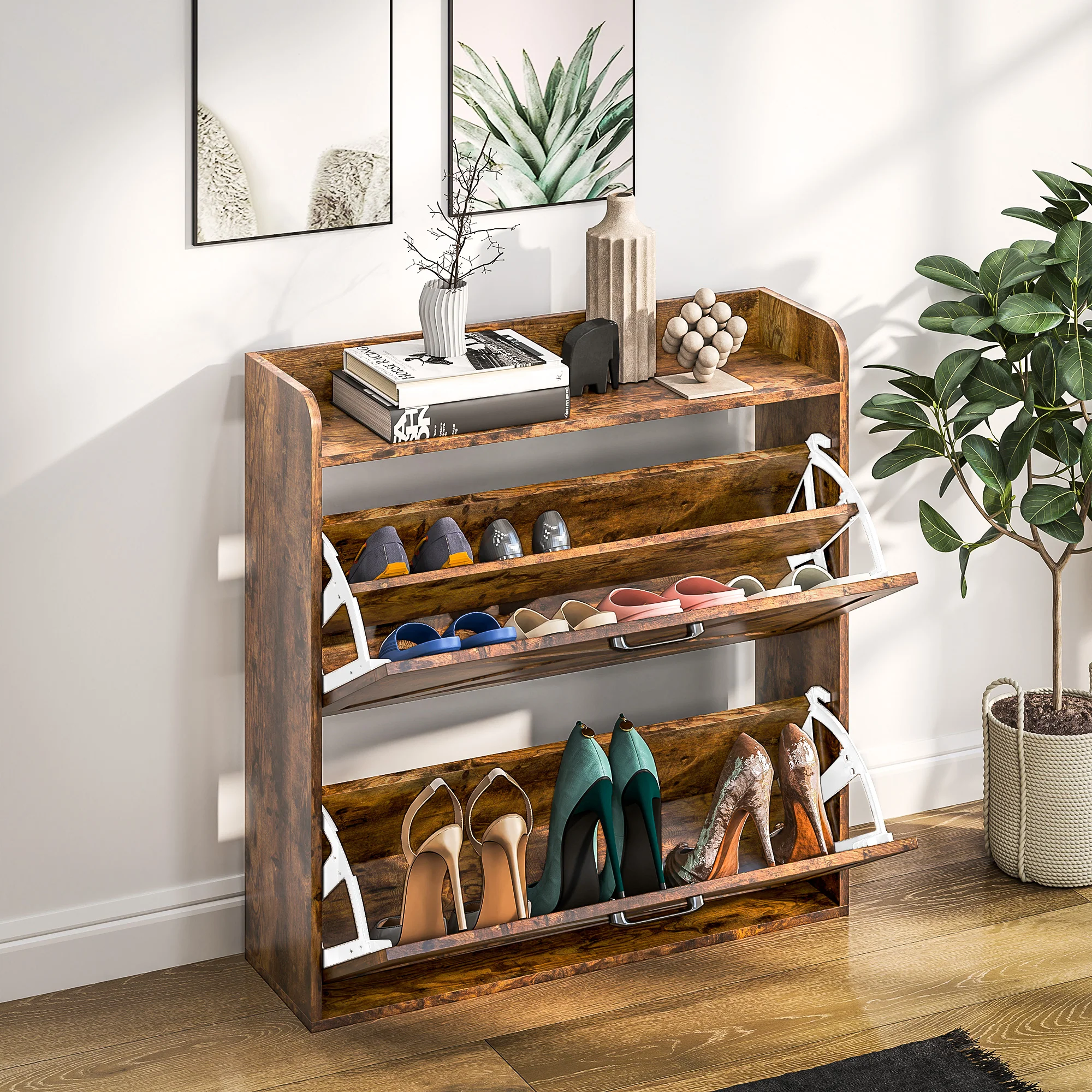 HOMCOM Narrow Shoe Cabinet Farmhouse Slim Shoe Storage Cabinet Rustic Brown - Image 9