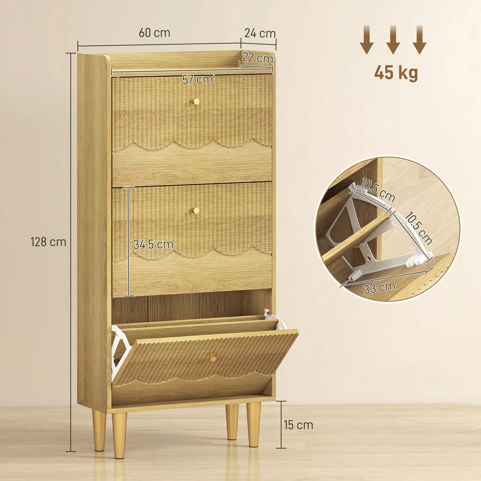 HOMCOM Narrow Shoe Cabinet, Shoe Storage Cabinet with 3 Flip Drawers, Oak - Image 3