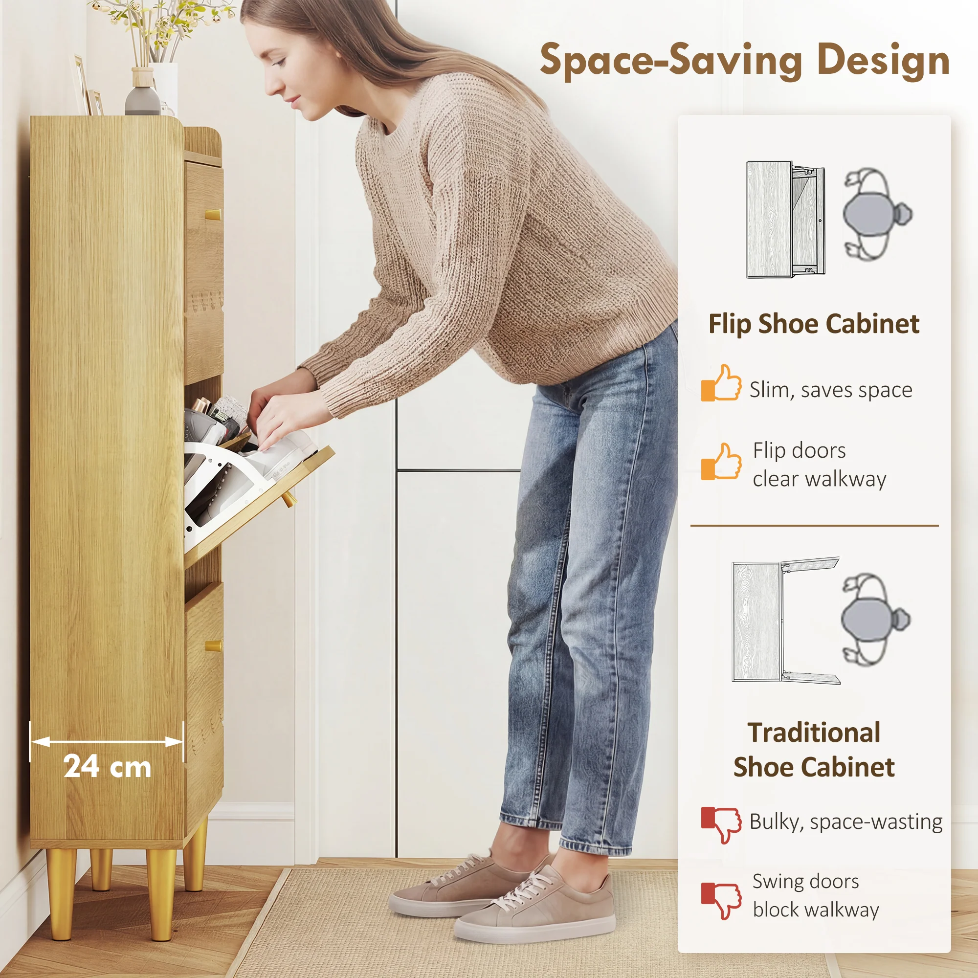 HOMCOM Narrow Shoe Cabinet, Shoe Storage Cabinet with 3 Flip Drawers, Oak - Image 4