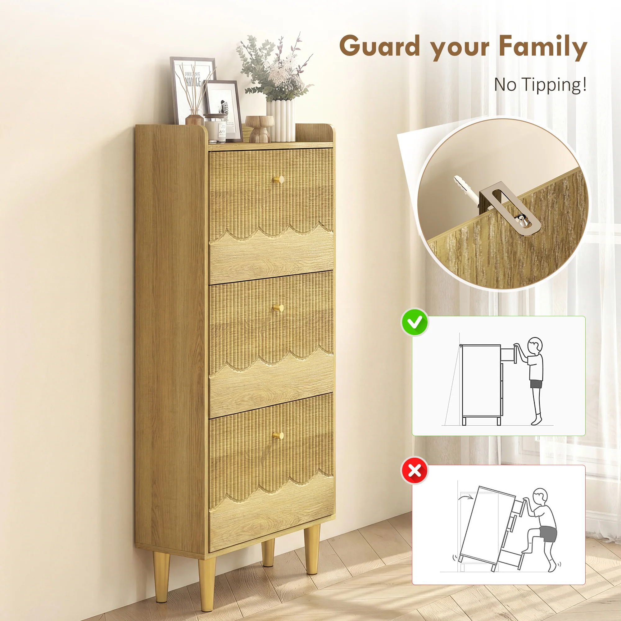 HOMCOM Narrow Shoe Cabinet, Shoe Storage Cabinet with 3 Flip Drawers, Oak - Image 9