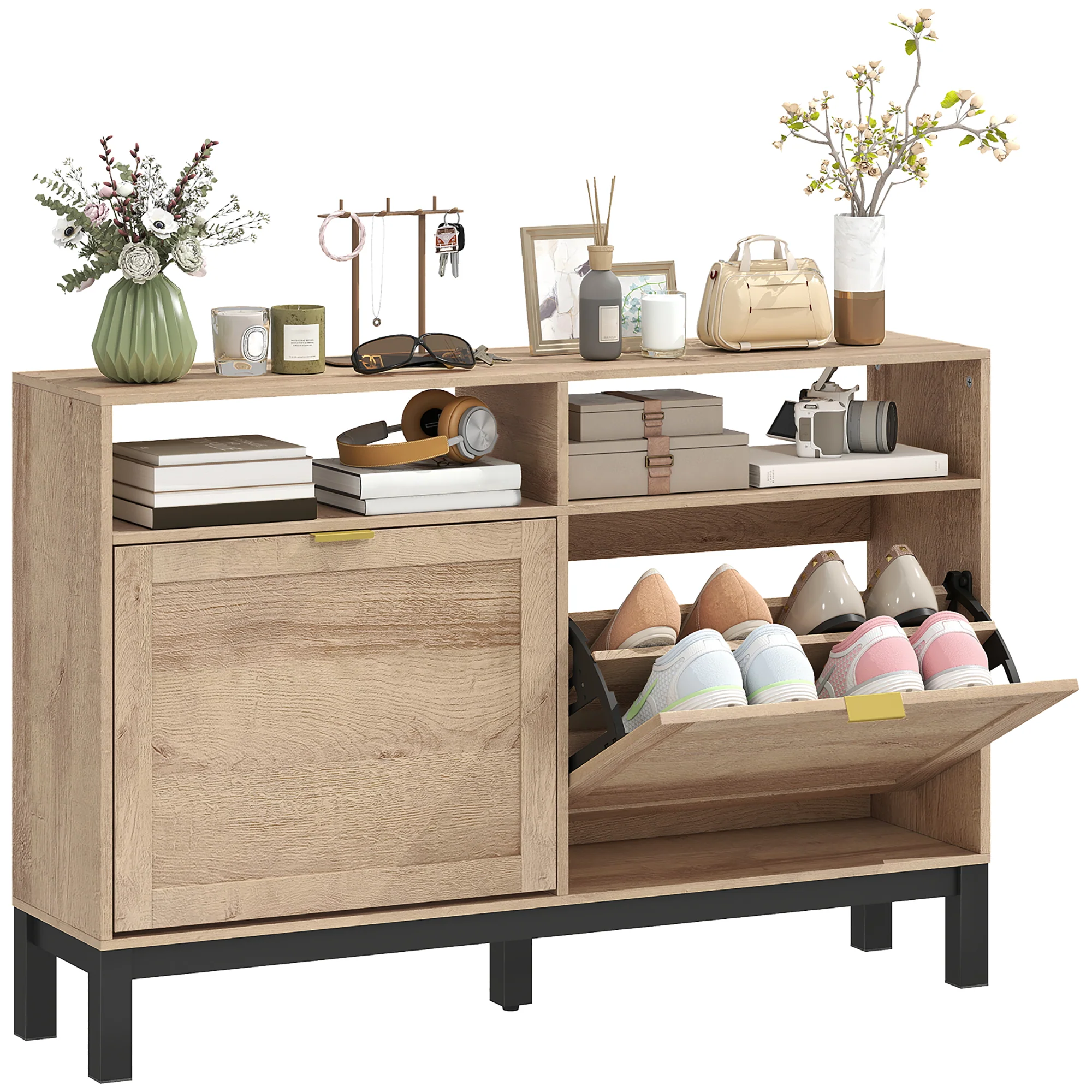 HOMCOM Narrow Shoe Cabinet with 2 Flip Drawers, Modern Shoe Storage Cabinet