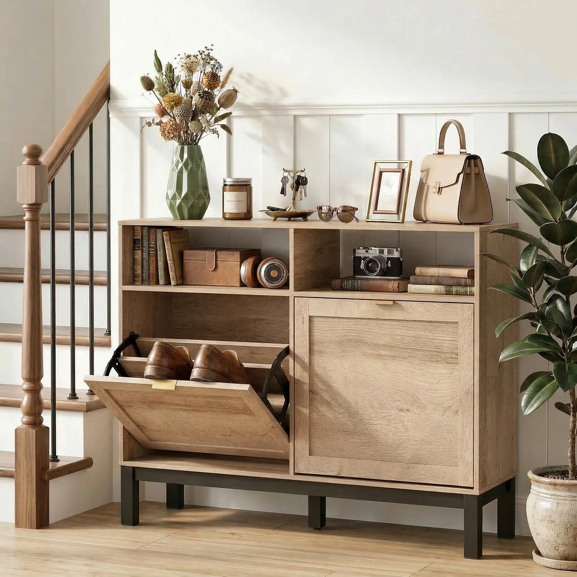 HOMCOM Narrow Shoe Cabinet with 2 Flip Drawers, Modern Shoe Storage Cabinet - Image 7