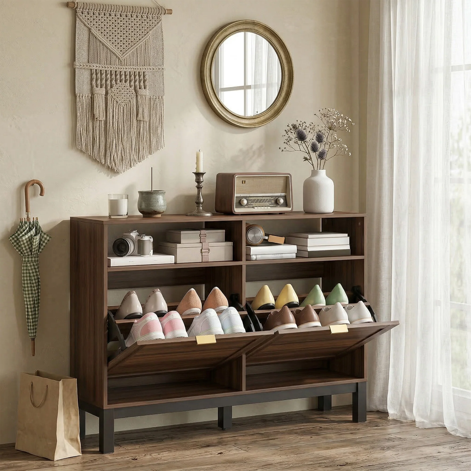 HOMCOM Narrow Shoe Cabinet with 2 Flip Drawers, Modern Shoe Storage Cabinet - Image 9