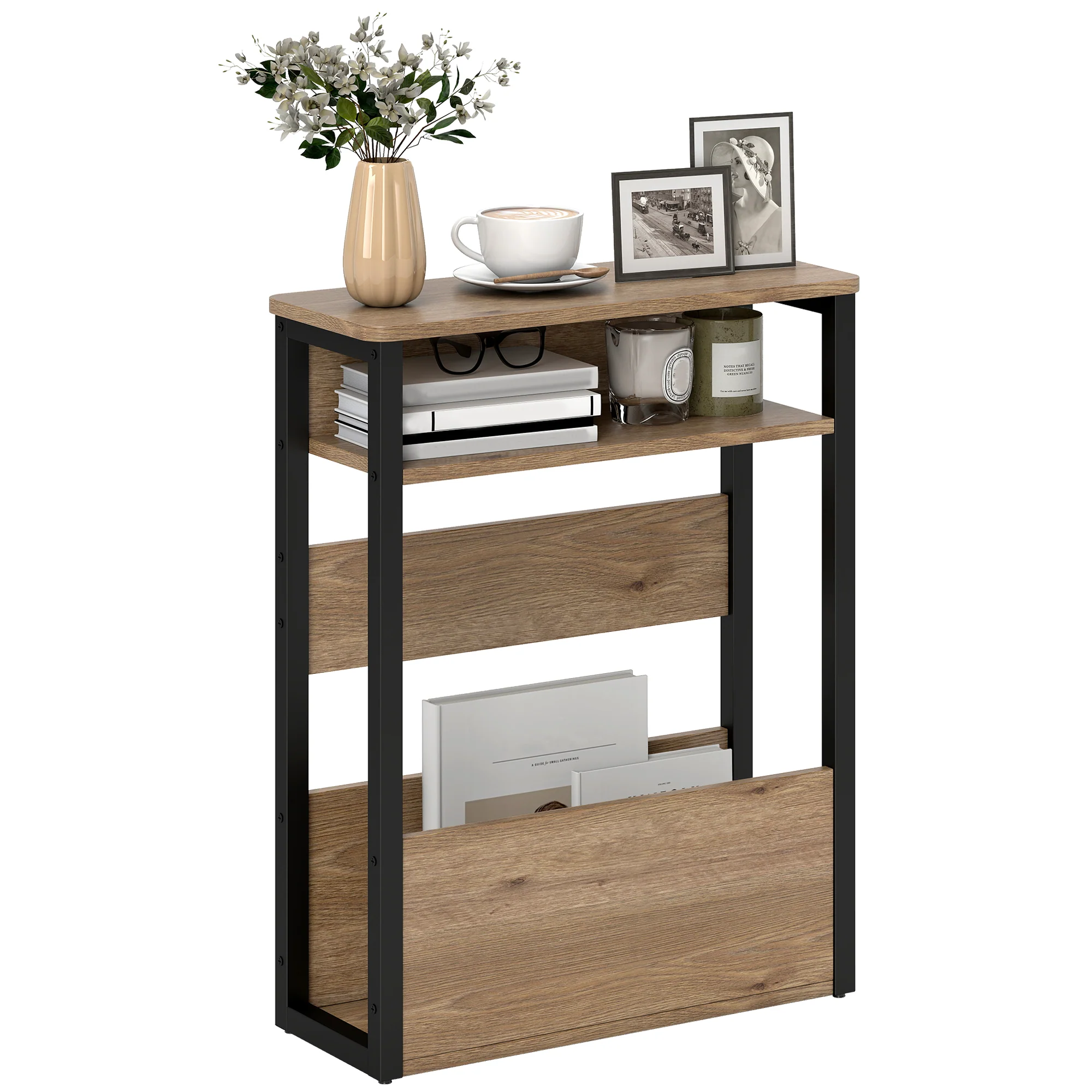 HOMCOM Narrow Side Table with Storage, Bedside End Table, Walnut Brown