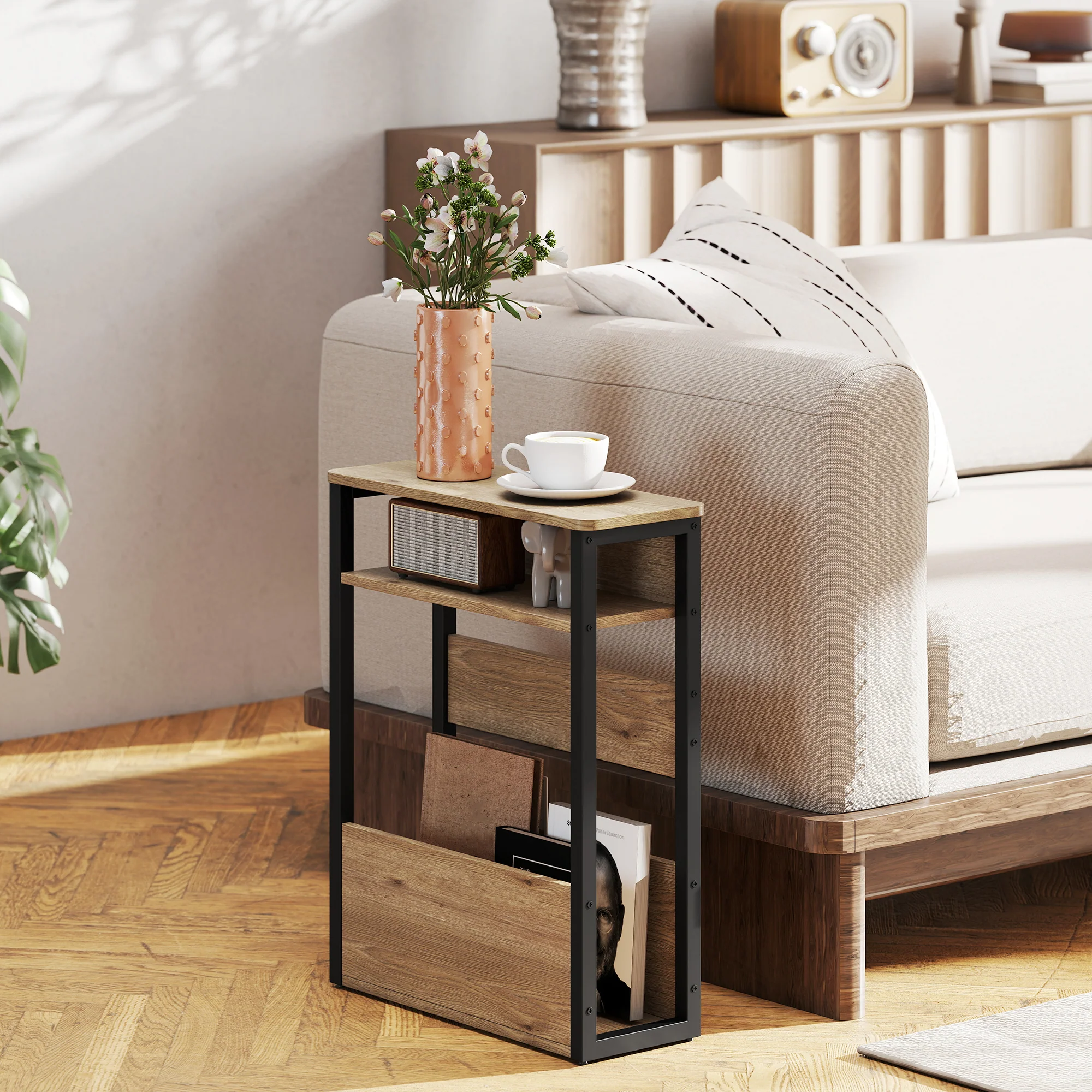 HOMCOM Narrow Side Table with Storage, Bedside End Table, Walnut Brown - Image 2