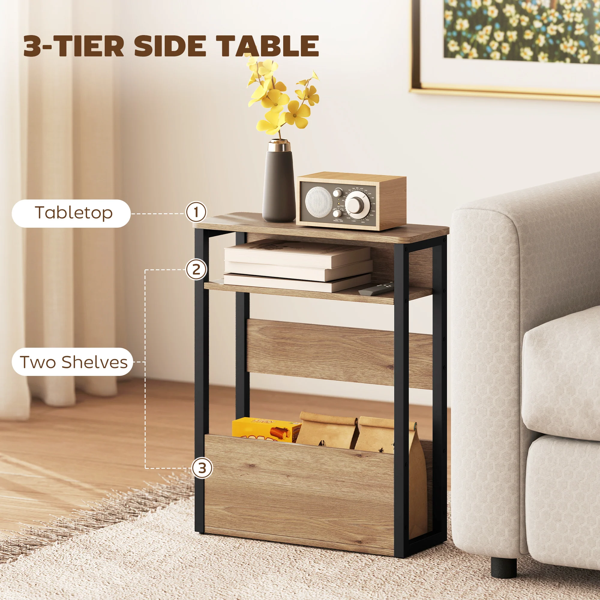 HOMCOM Narrow Side Table with Storage, Bedside End Table, Walnut Brown - Image 4