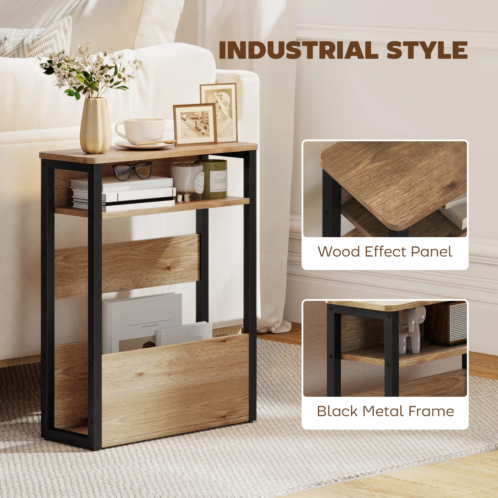 HOMCOM Narrow Side Table with Storage, Bedside End Table, Walnut Brown - Image 8