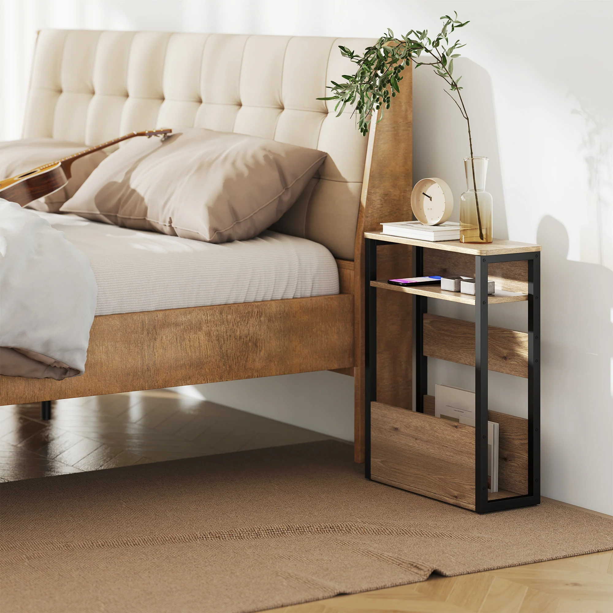 HOMCOM Narrow Side Table with Storage, Bedside End Table, Walnut Brown - Image 9