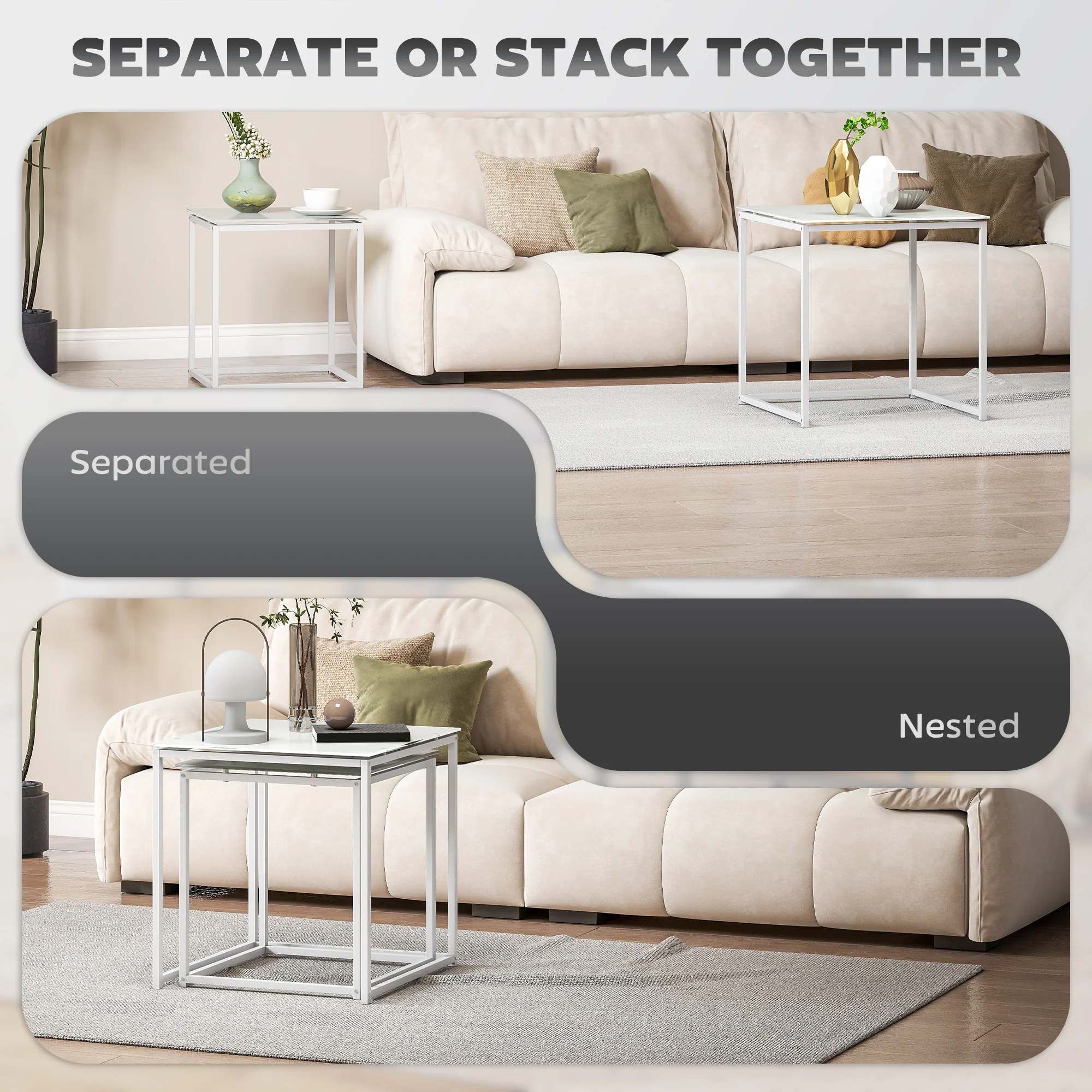 HOMCOM Nest of 2 Side Tables Set of Bedside Tables for Living Room White - Image 3