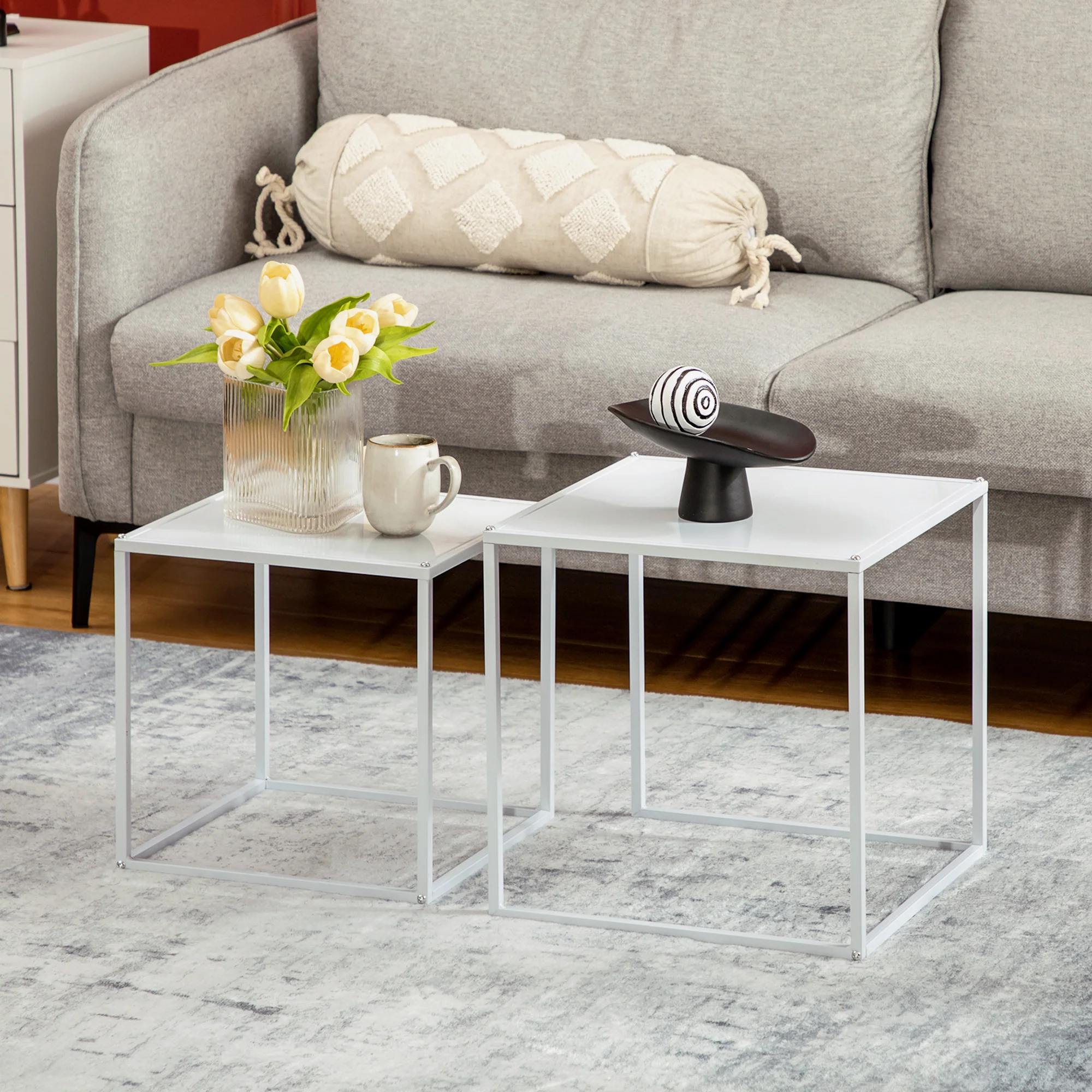 HOMCOM Nesting Coffee Table Set of 2, Nest of Tables with Steel Frame, White - Image 2