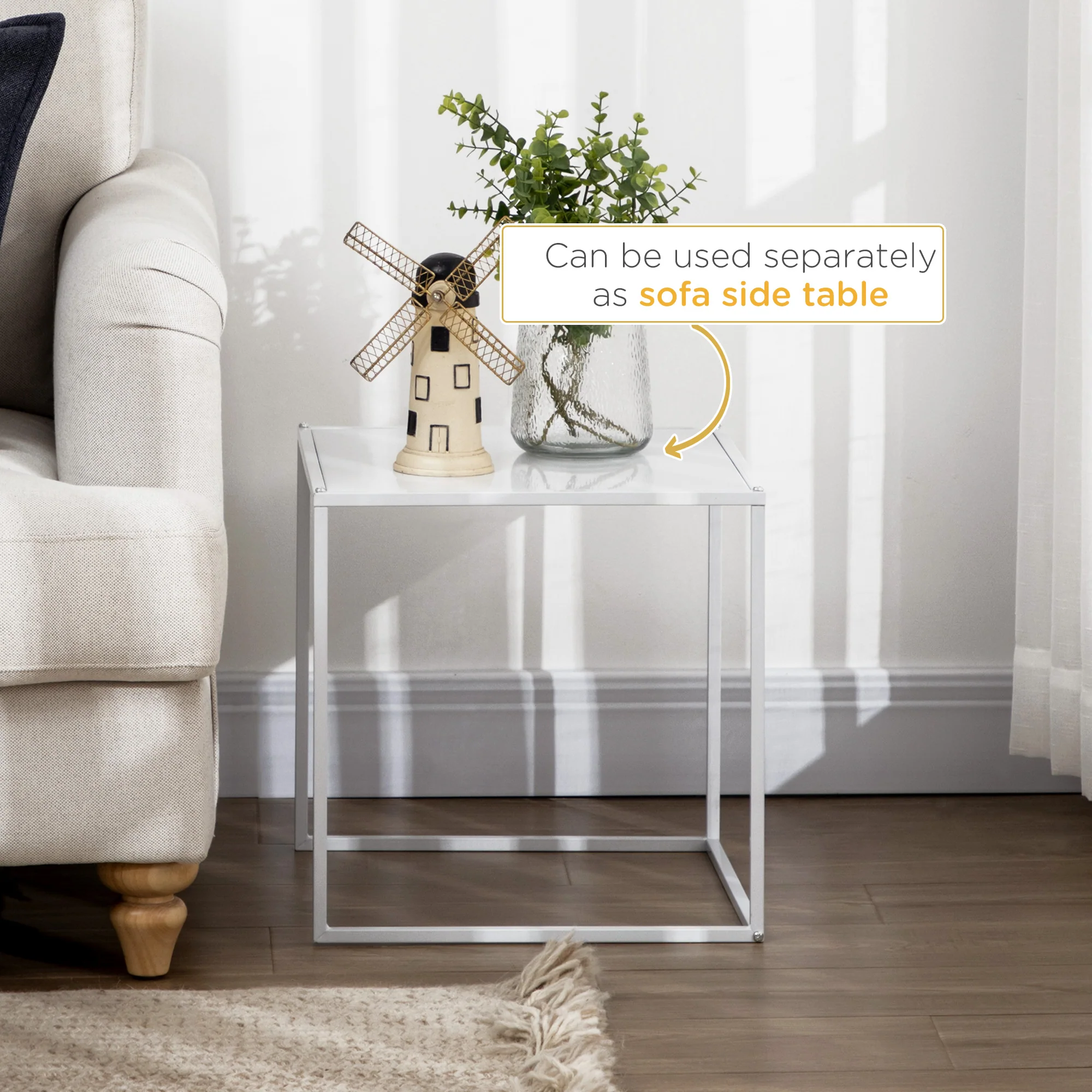 HOMCOM Nesting Coffee Table Set of 2, Nest of Tables with Steel Frame, White - Image 4