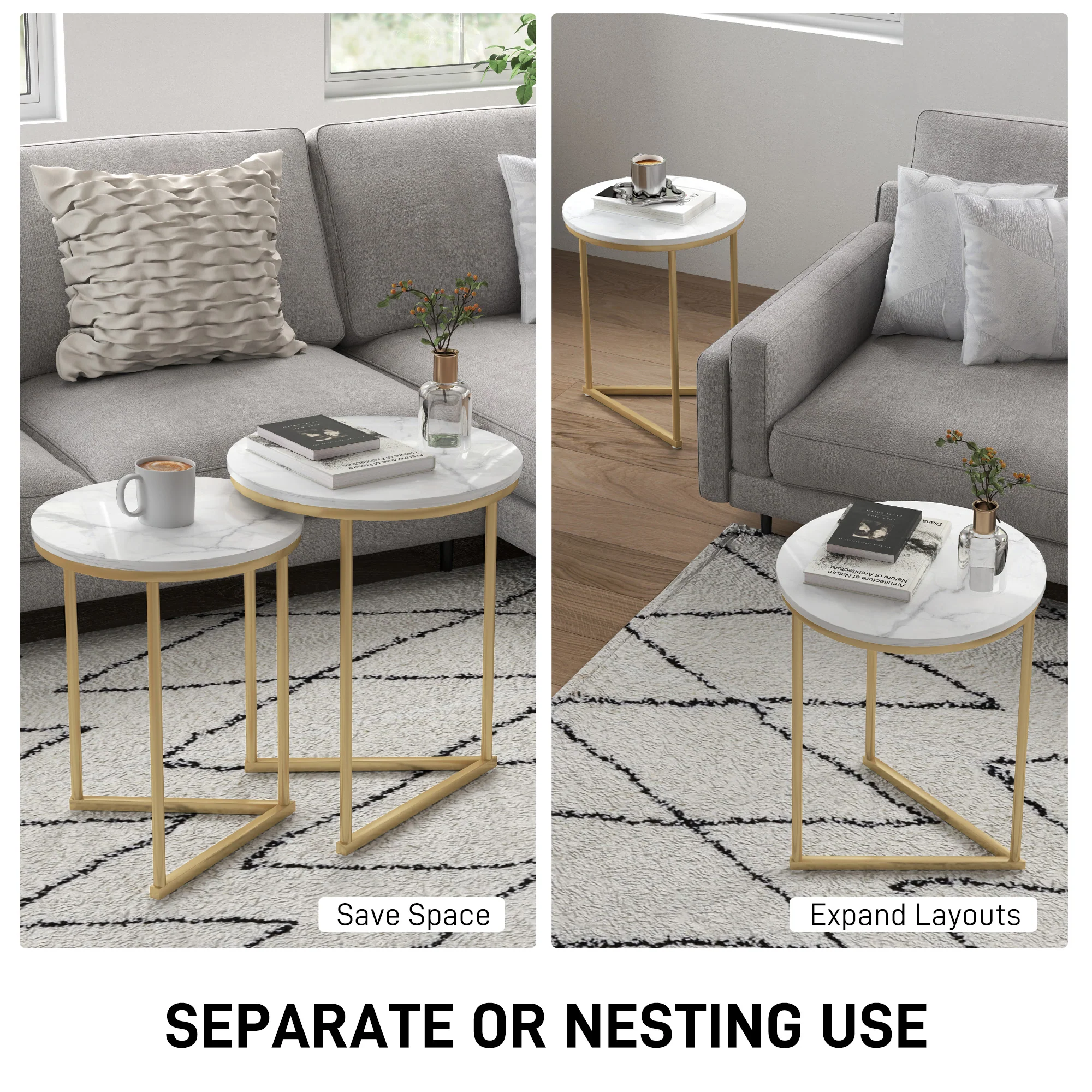HOMCOM Nesting Coffee Table Set of 2 with Metal Frame, Gold Tone - Image 3