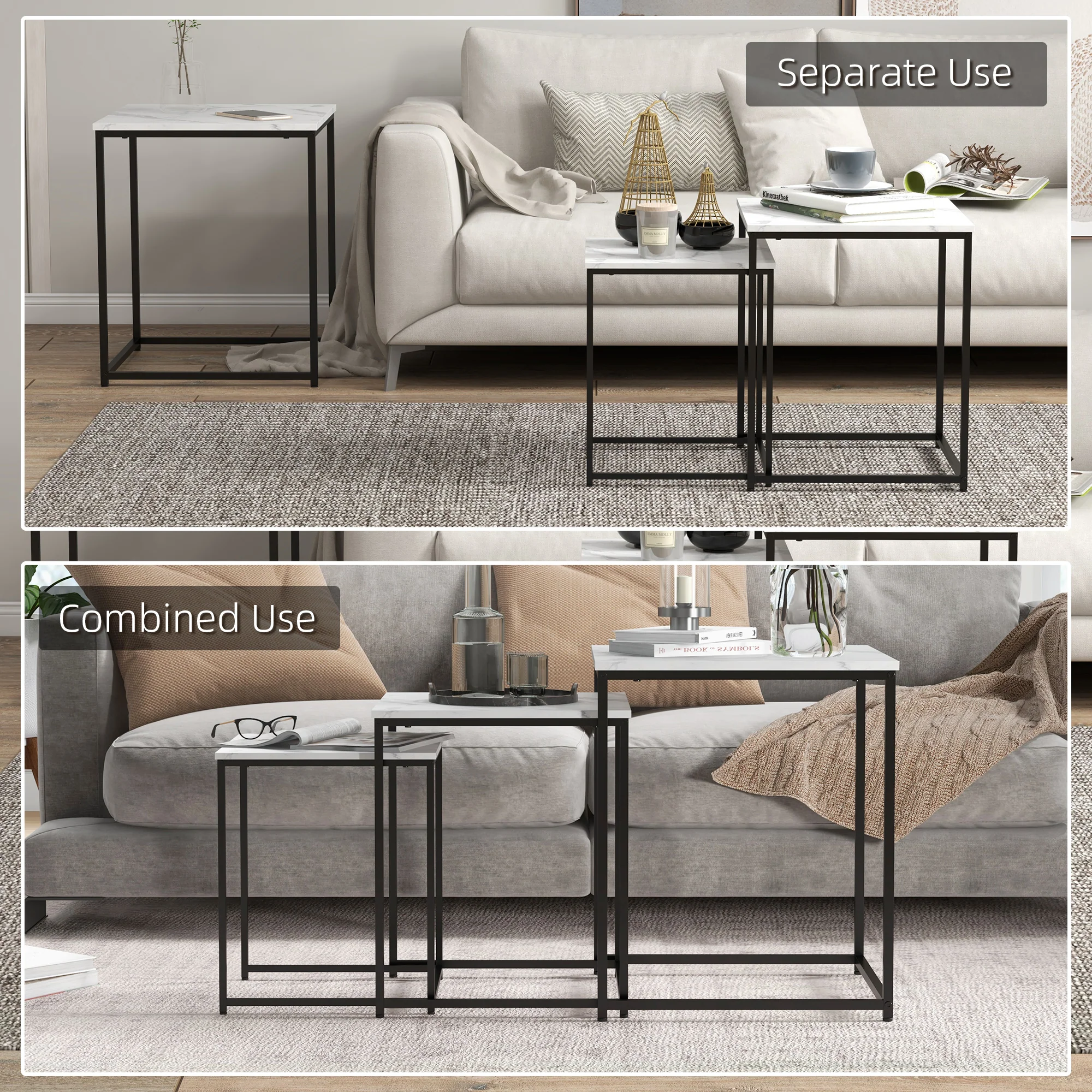 HOMCOM Nesting Coffee Tables Set Of 3 Stacking Sofa Side Tables White - Image 3