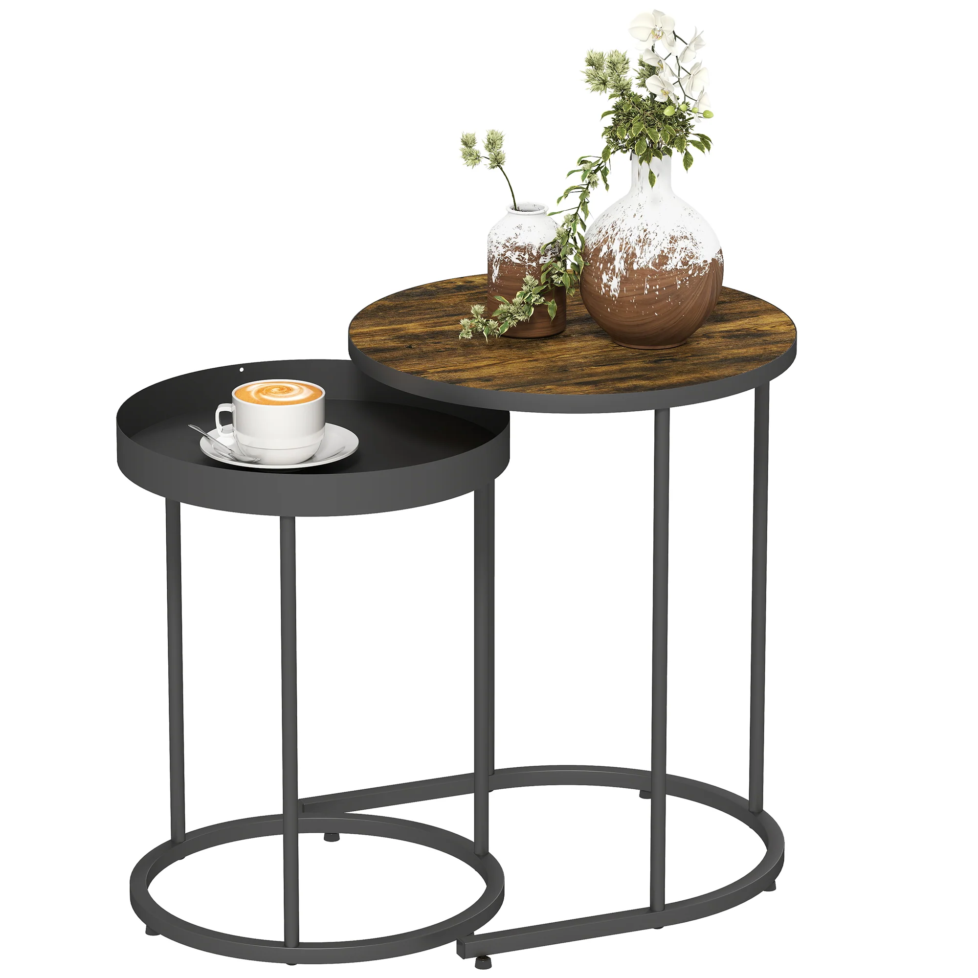 HOMCOM Nesting Side Table Set Of 2, Industrial Round Nest Of Tables, Brown