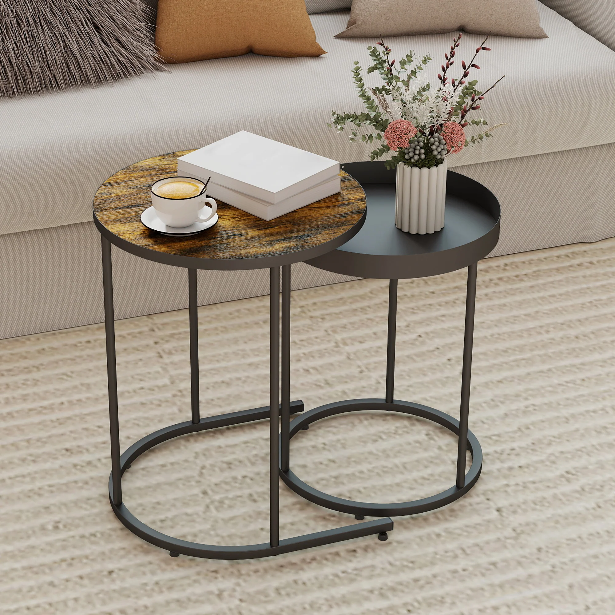 HOMCOM Nesting Side Table Set Of 2, Industrial Round Nest Of Tables, Brown - Image 2