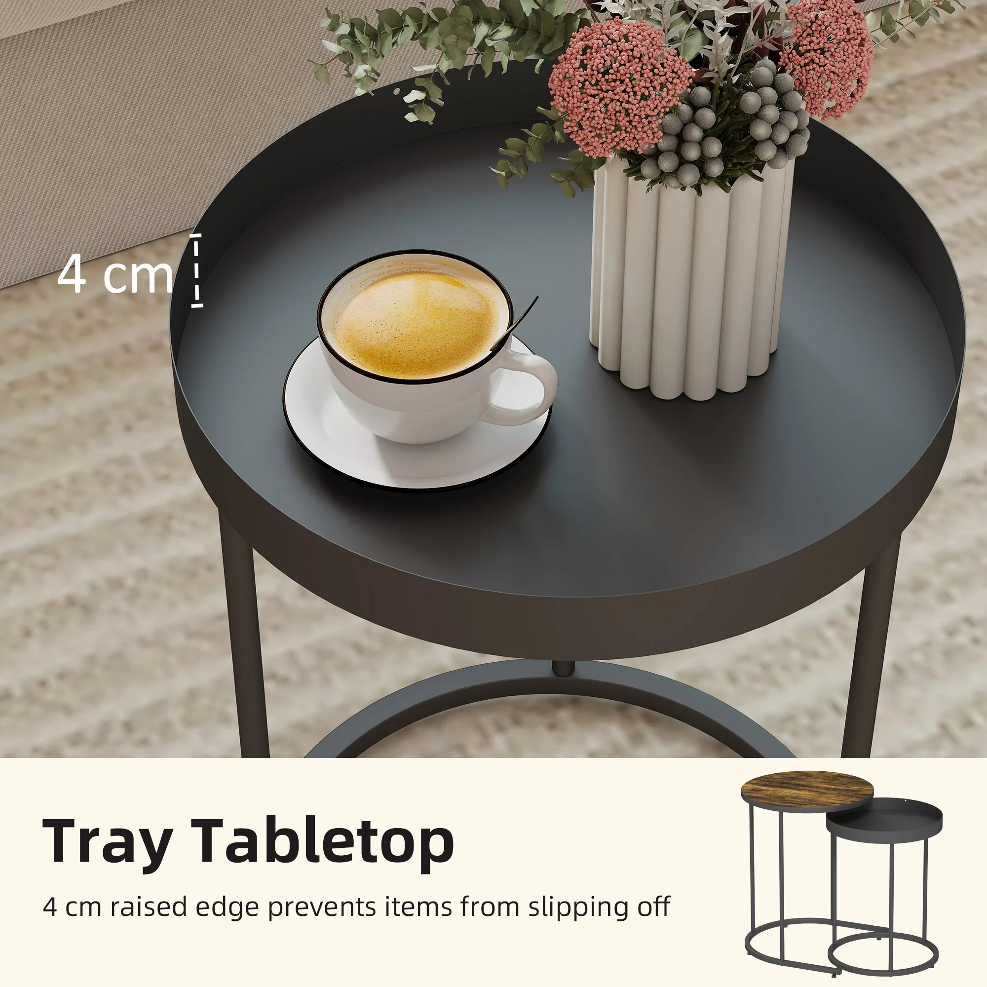 HOMCOM Nesting Side Table Set Of 2, Industrial Round Nest Of Tables, Brown - Image 4