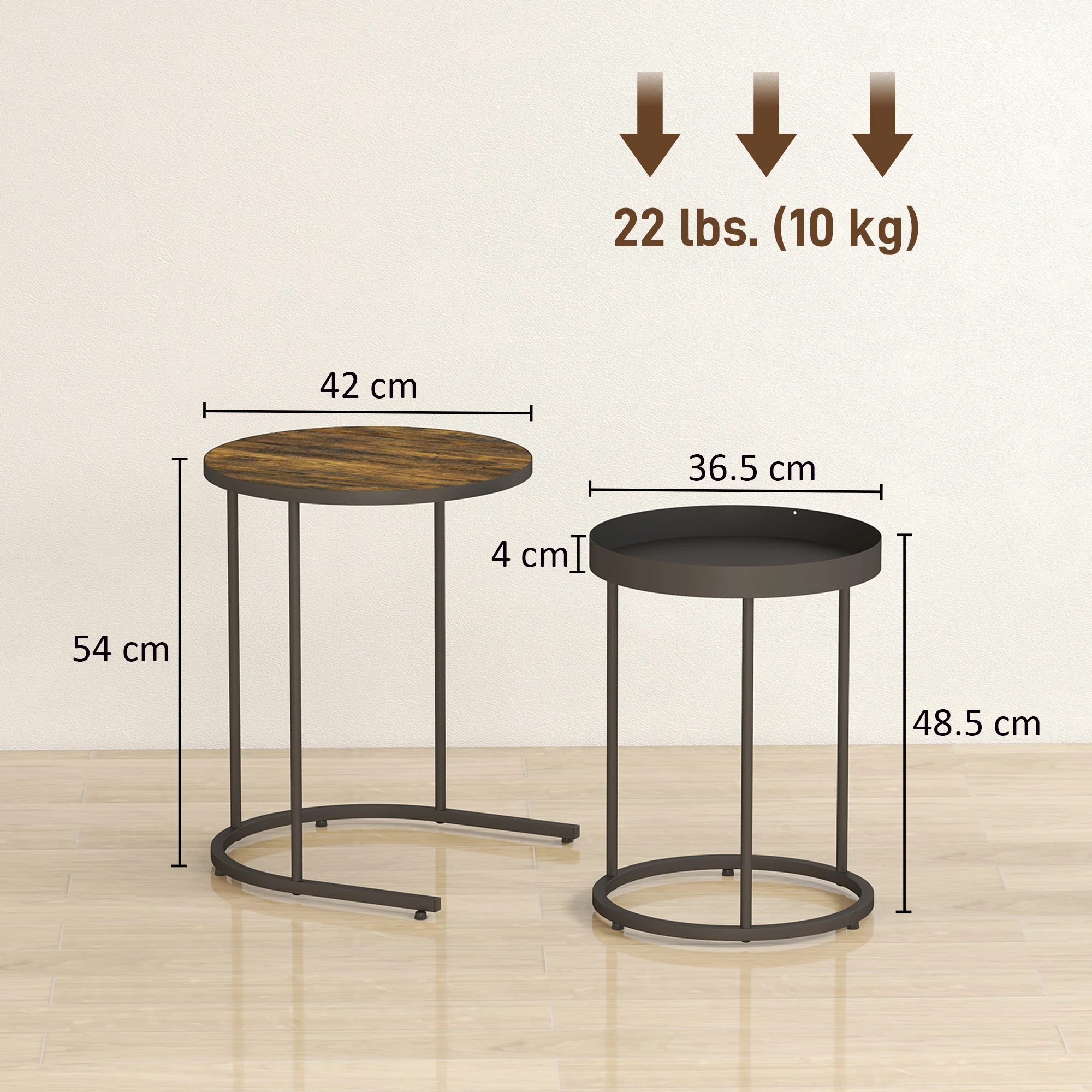 HOMCOM Nesting Side Table Set Of 2, Industrial Round Nest Of Tables, Brown - Image 5
