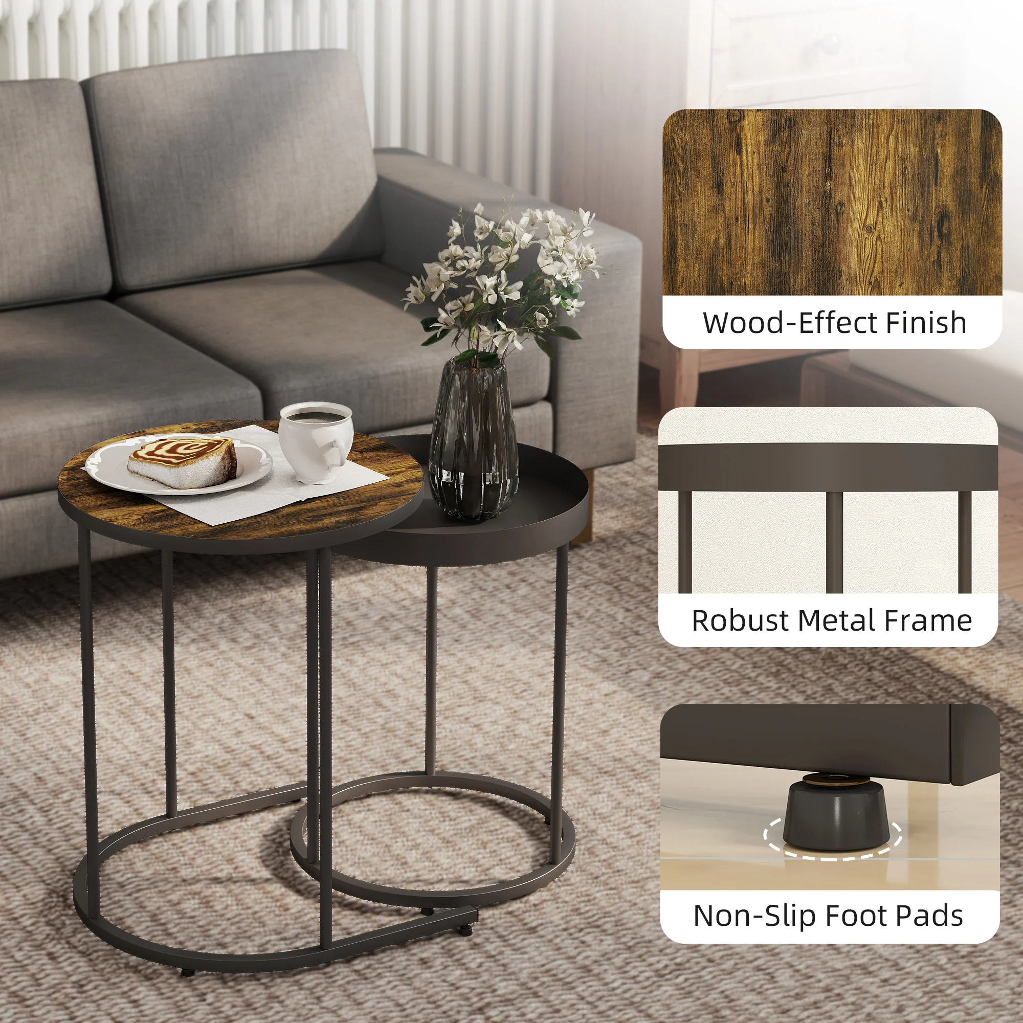 HOMCOM Nesting Side Table Set Of 2, Industrial Round Nest Of Tables, Brown - Image 6