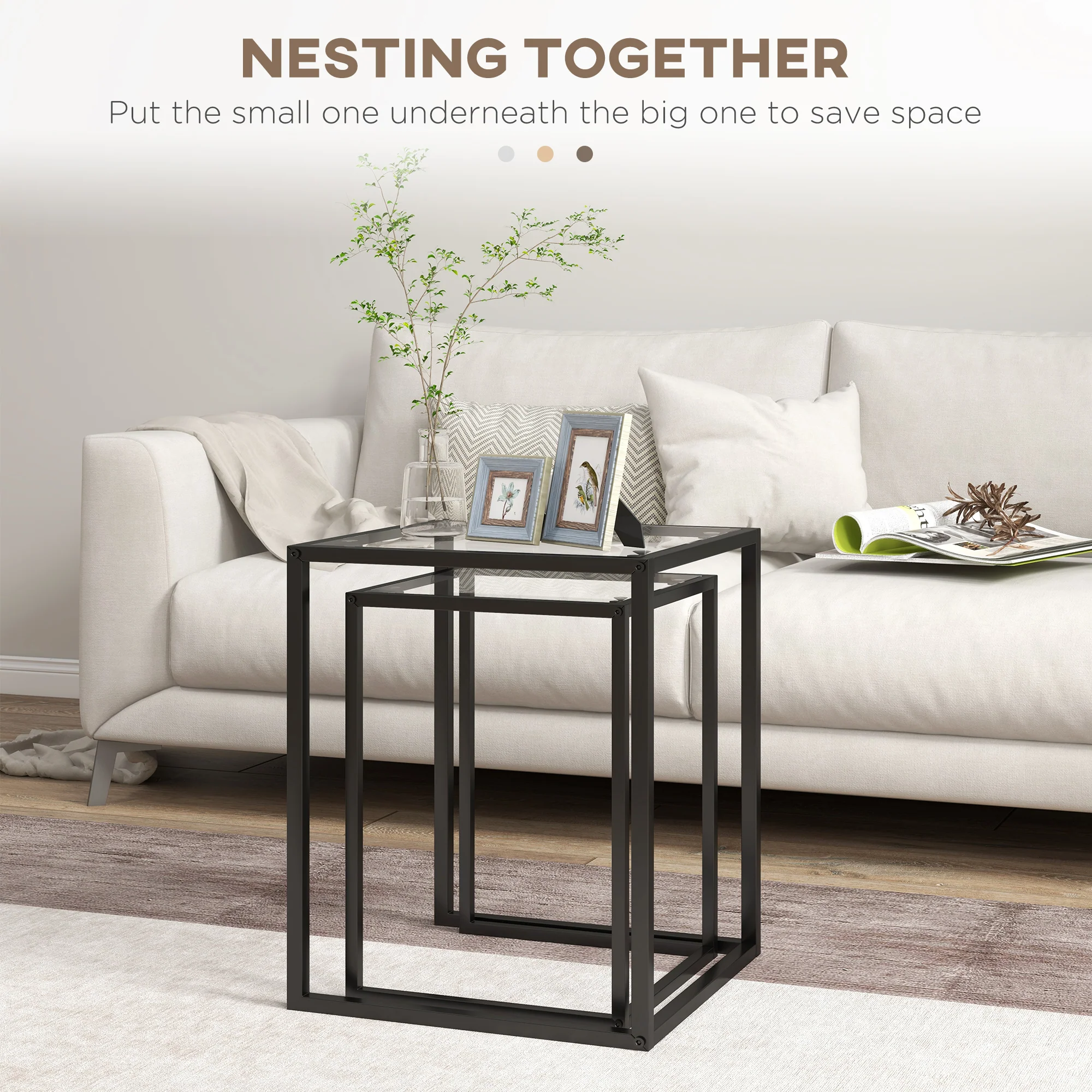 HOMCOM Nesting Tables Set of 2, End Table with Tempered Glass Top, Black - Image 3