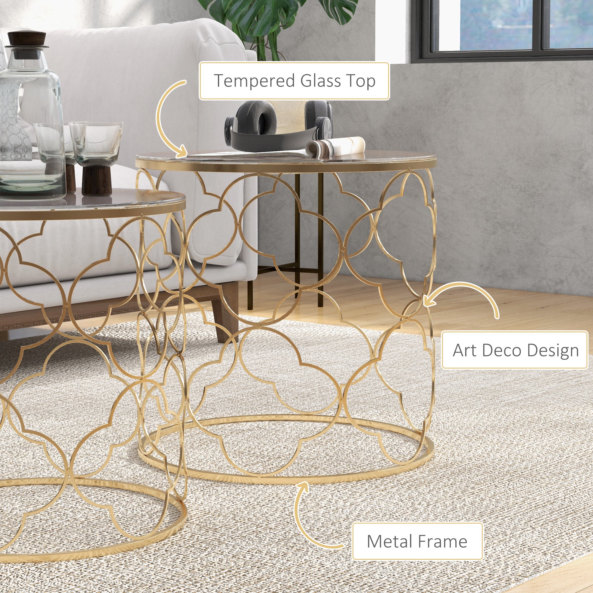HOMCOM Nesting Tables Set Of 2, Side End Table With Glass Top, Gold Tone - Image 6