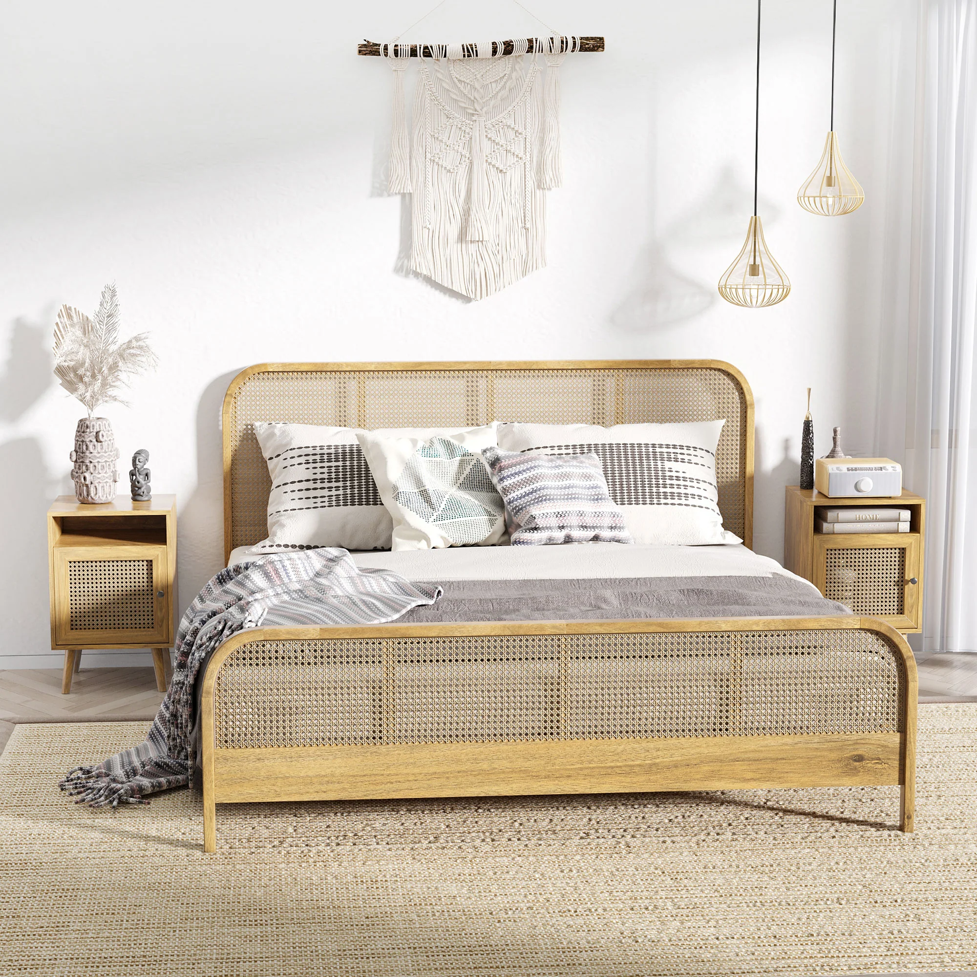 HOMCOM Nightstand, Rattan Bedside Table, Sofa Side Table w/ Cabinet, Shelf - Image 2