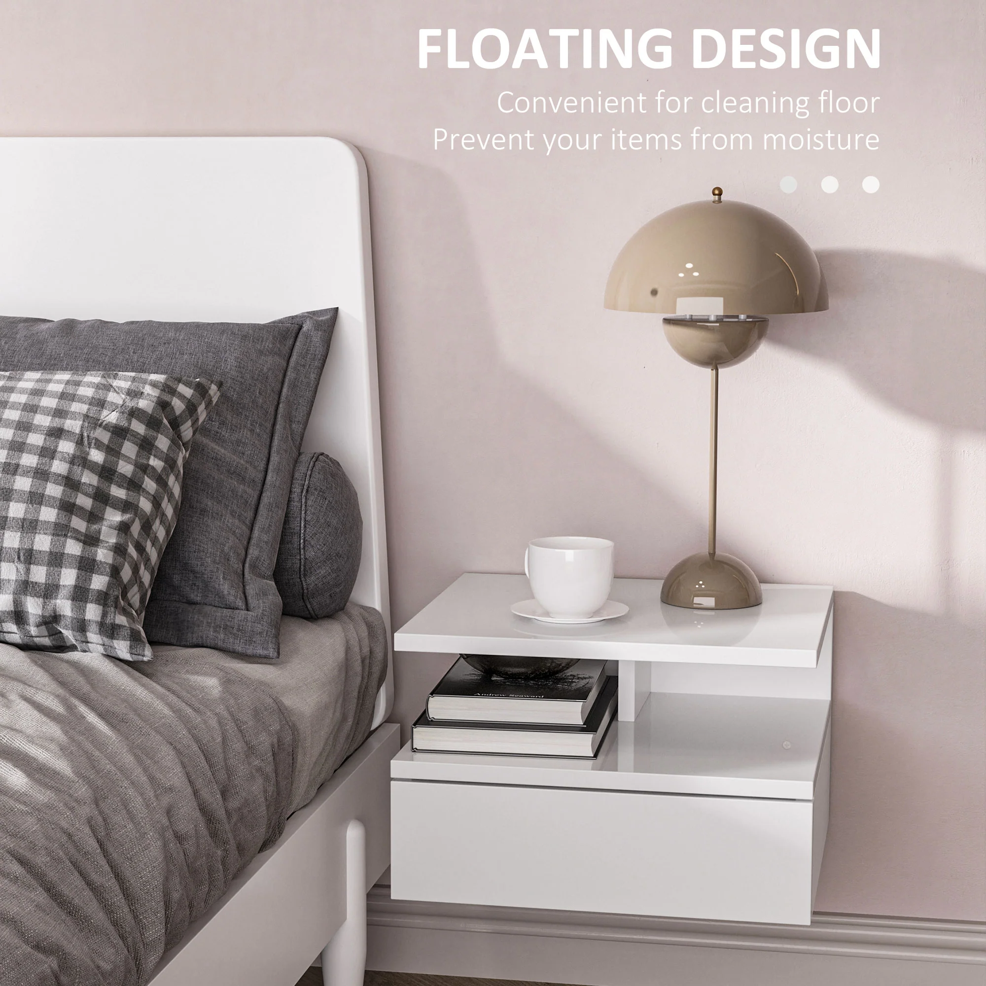 HOMCOM Nightstand Set Of 2, Wall Mounted Bedside Cabinet, High Gloss White - Image 3