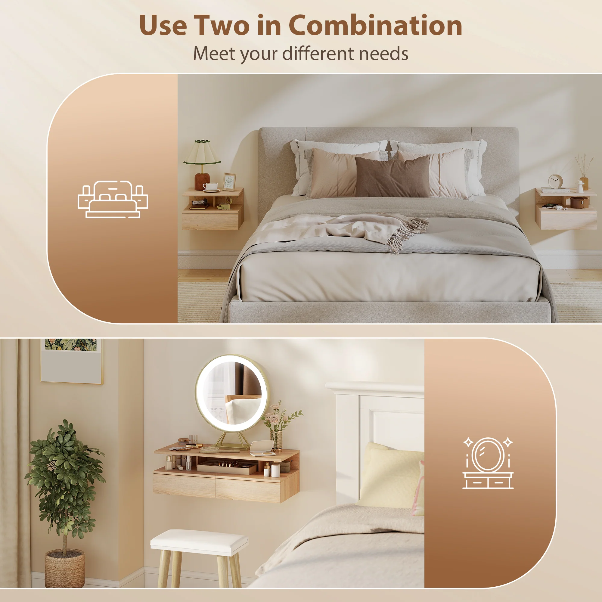 HOMCOM Nightstand Set Of 2, Wall Mounted Bedside Cabinet, Oak Tone - Image 7