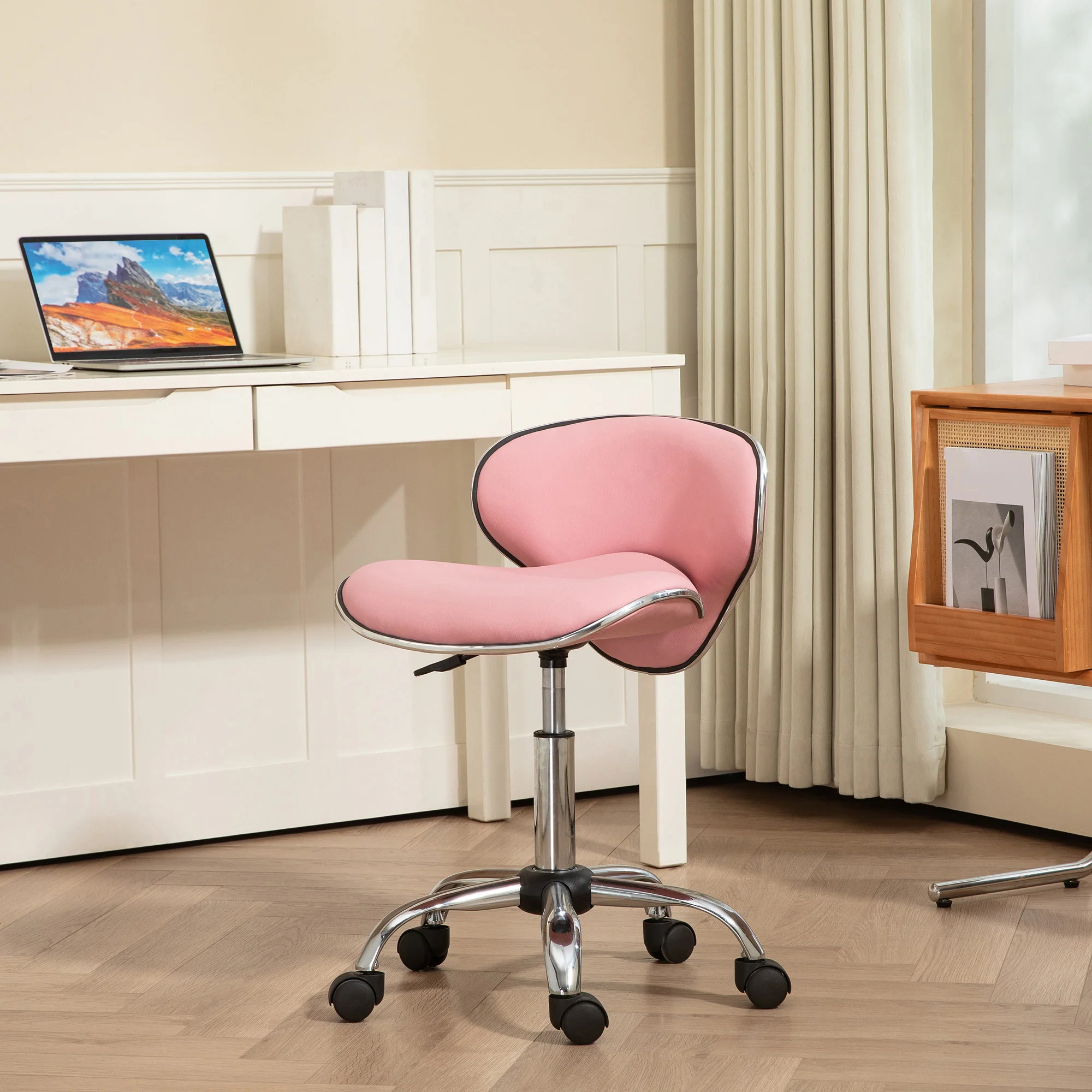 HOMCOM Office Chair Beauty Salon Rolling Technician Stool Chair - Black/Grey/Pink - Image 2