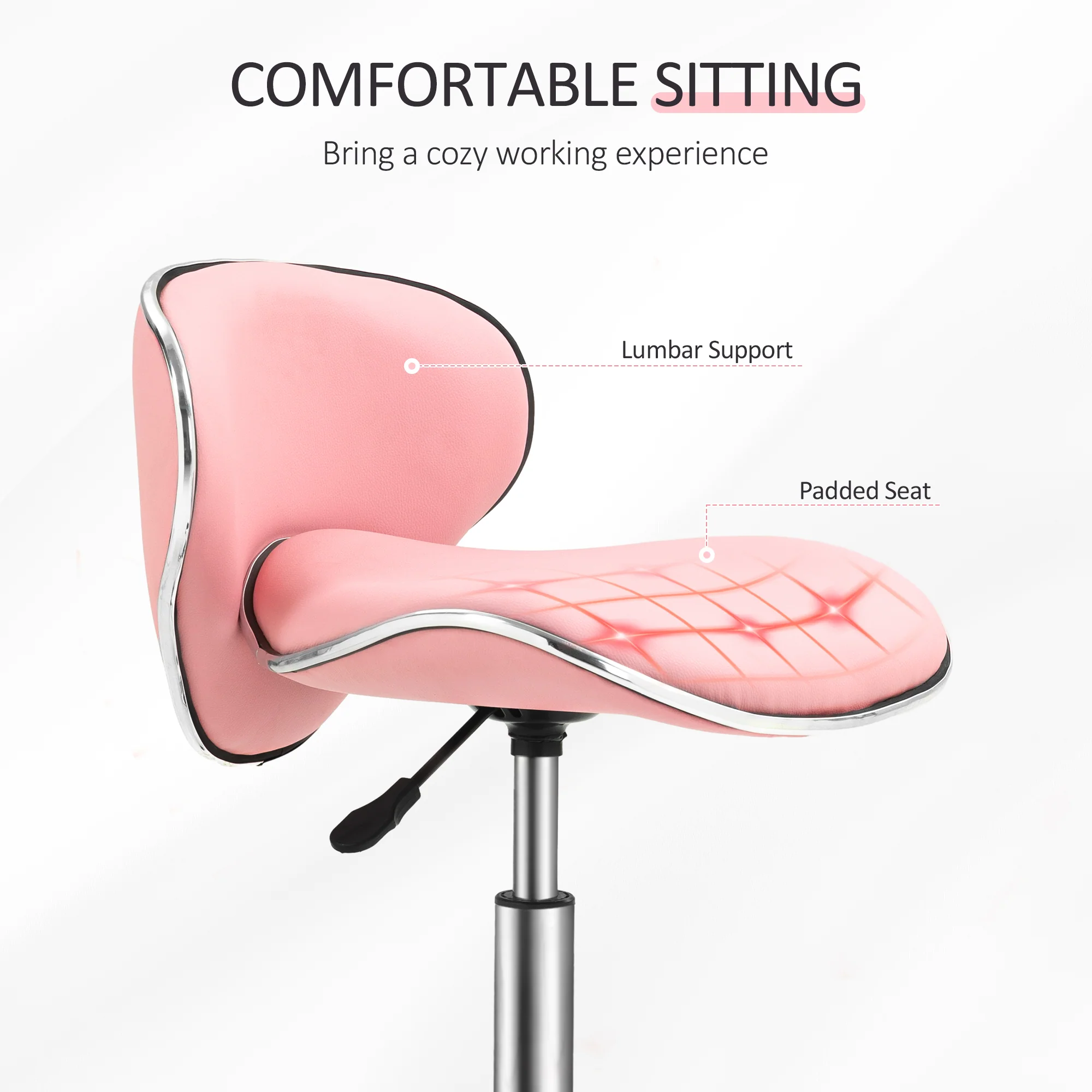 HOMCOM Office Chair Beauty Salon Rolling Technician Stool Chair - Black/Grey/Pink - Image 6