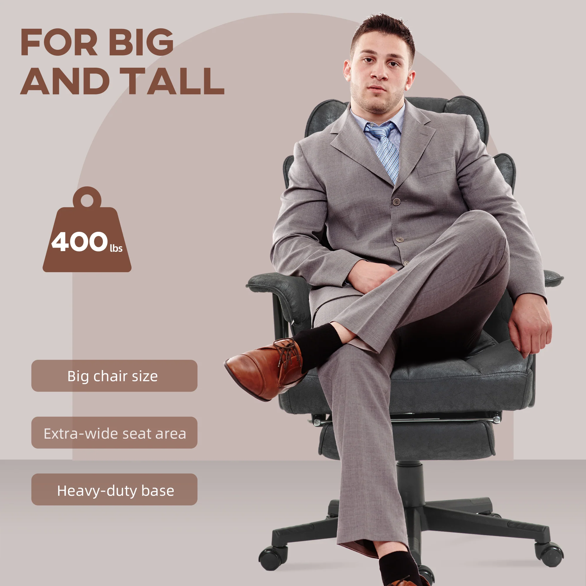 HOMCOM Office Chair, Ergonomic Desk Chair With Foot Rest - Grey/Black - Image 3