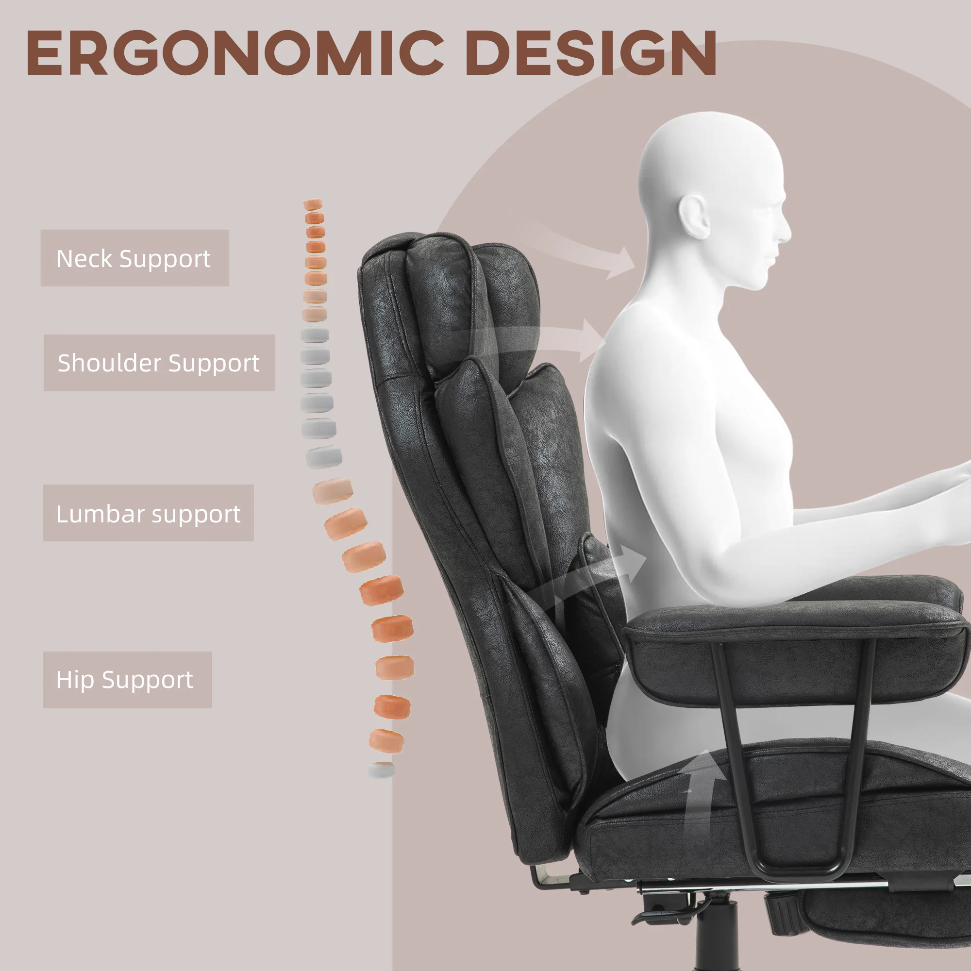 HOMCOM Office Chair, Ergonomic Desk Chair With Foot Rest - Grey/Black - Image 4