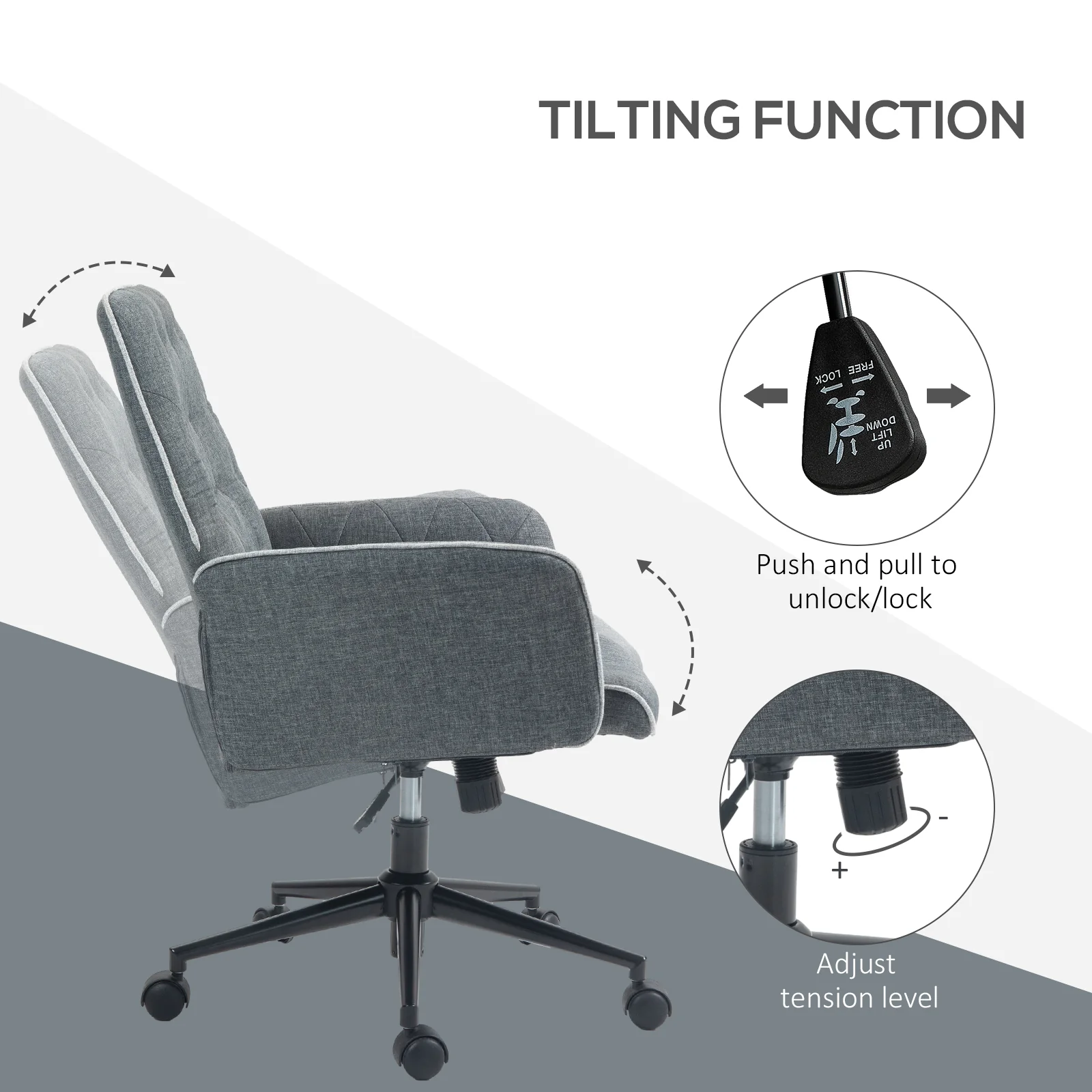HOMCOM Office Chair Task Adjustable Height Mid Back Armrest Tilt Linen Grey - Image 4