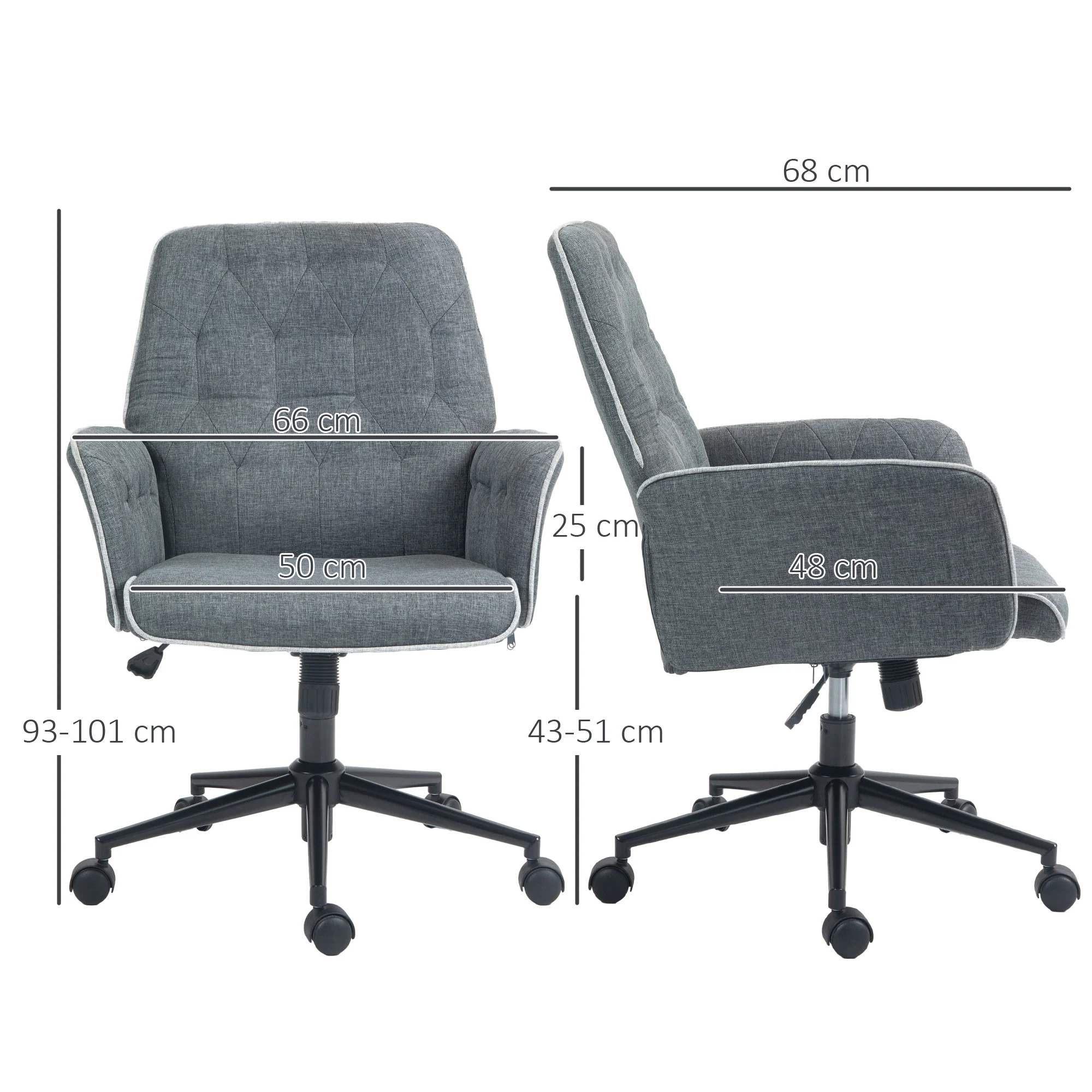 HOMCOM Office Chair Task Adjustable Height Mid Back Armrest Tilt Linen Grey - Image 5