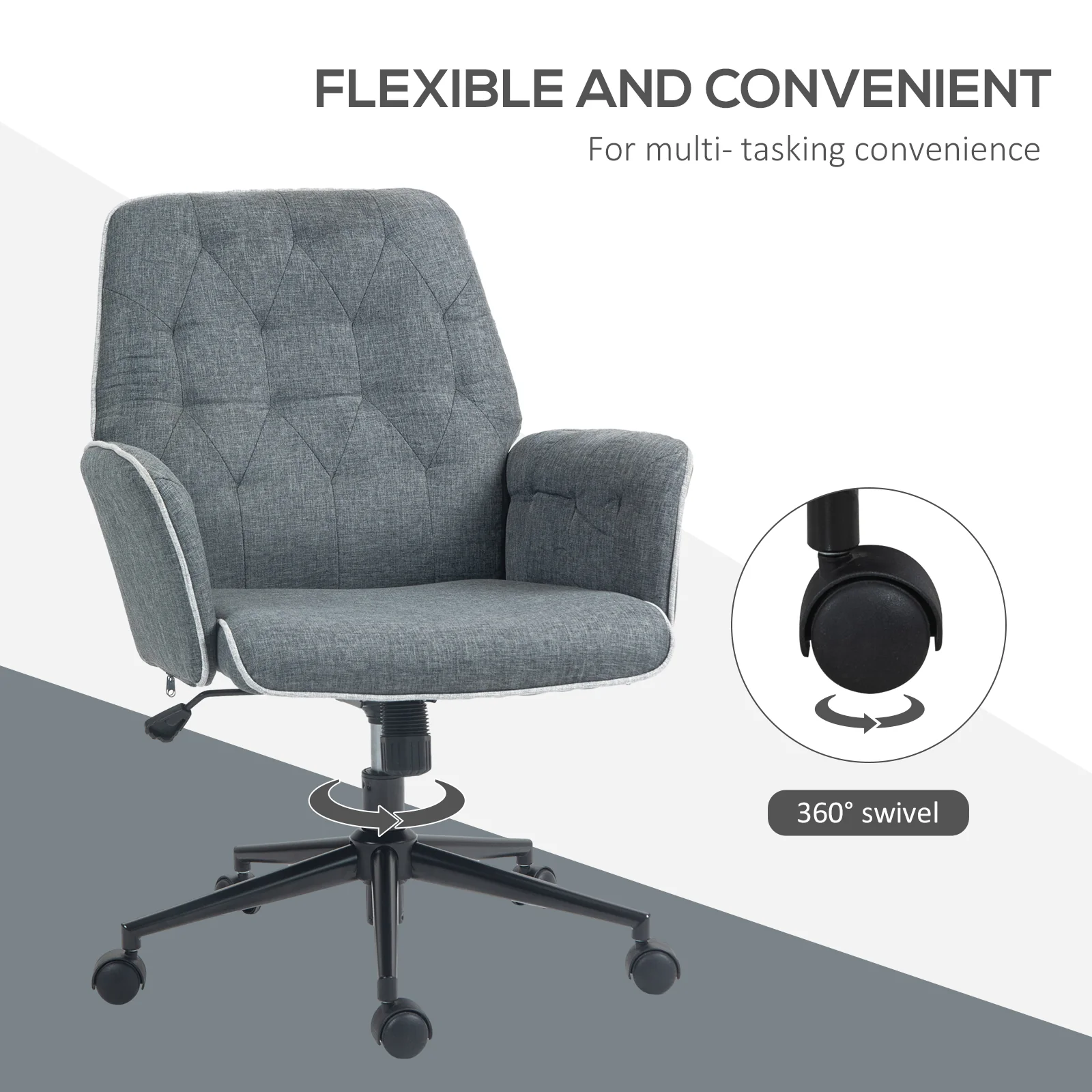 HOMCOM Office Chair Task Adjustable Height Mid Back Armrest Tilt Linen Grey - Image 6