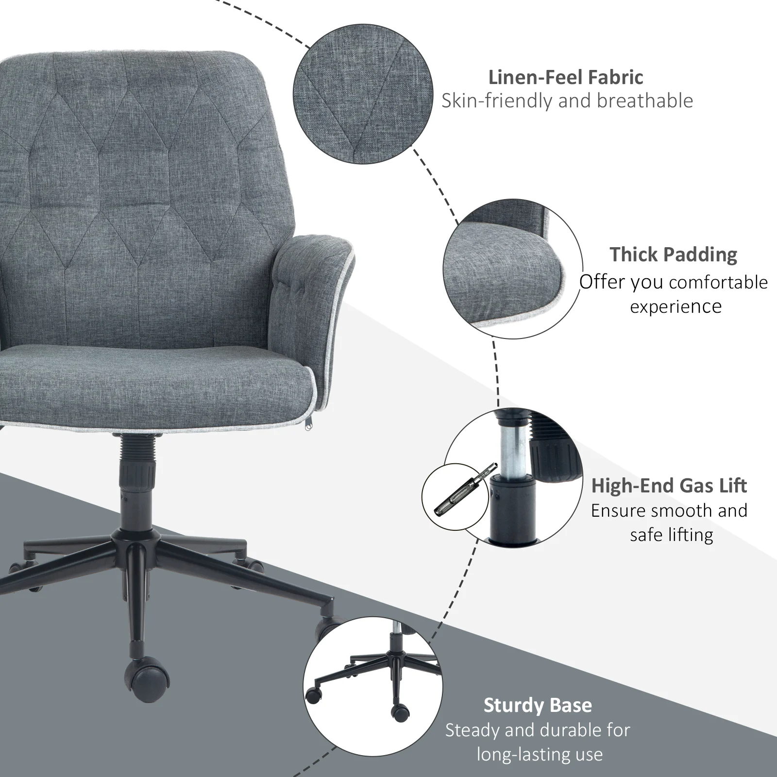 HOMCOM Office Chair Task Adjustable Height Mid Back Armrest Tilt Linen Grey - Image 7