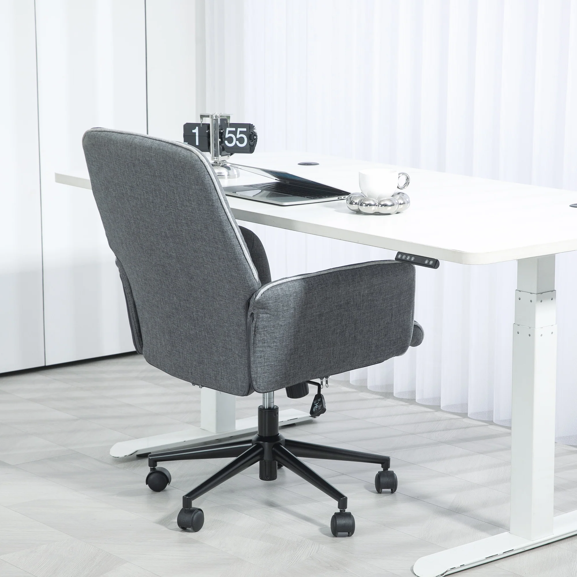 HOMCOM Office Chair Task Adjustable Height Mid Back Armrest Tilt Linen Grey - Image 8