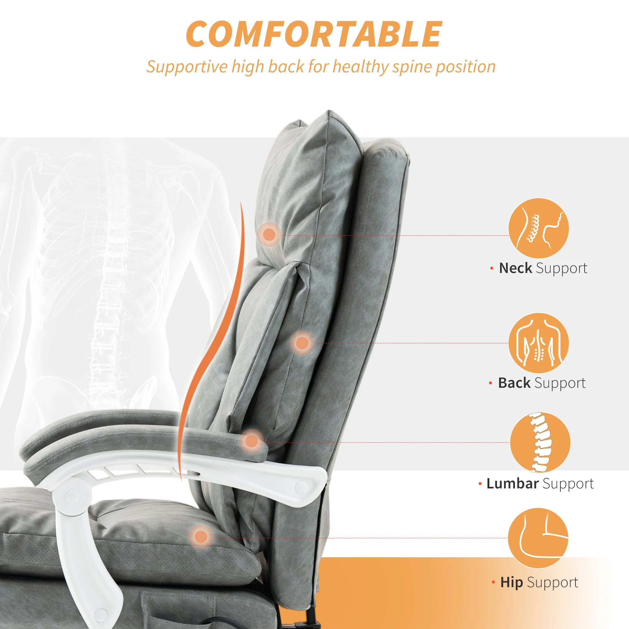 HOMCOM Office Chair With Adjustable Lumbar Support, Computer Chair, Grey - Image 4