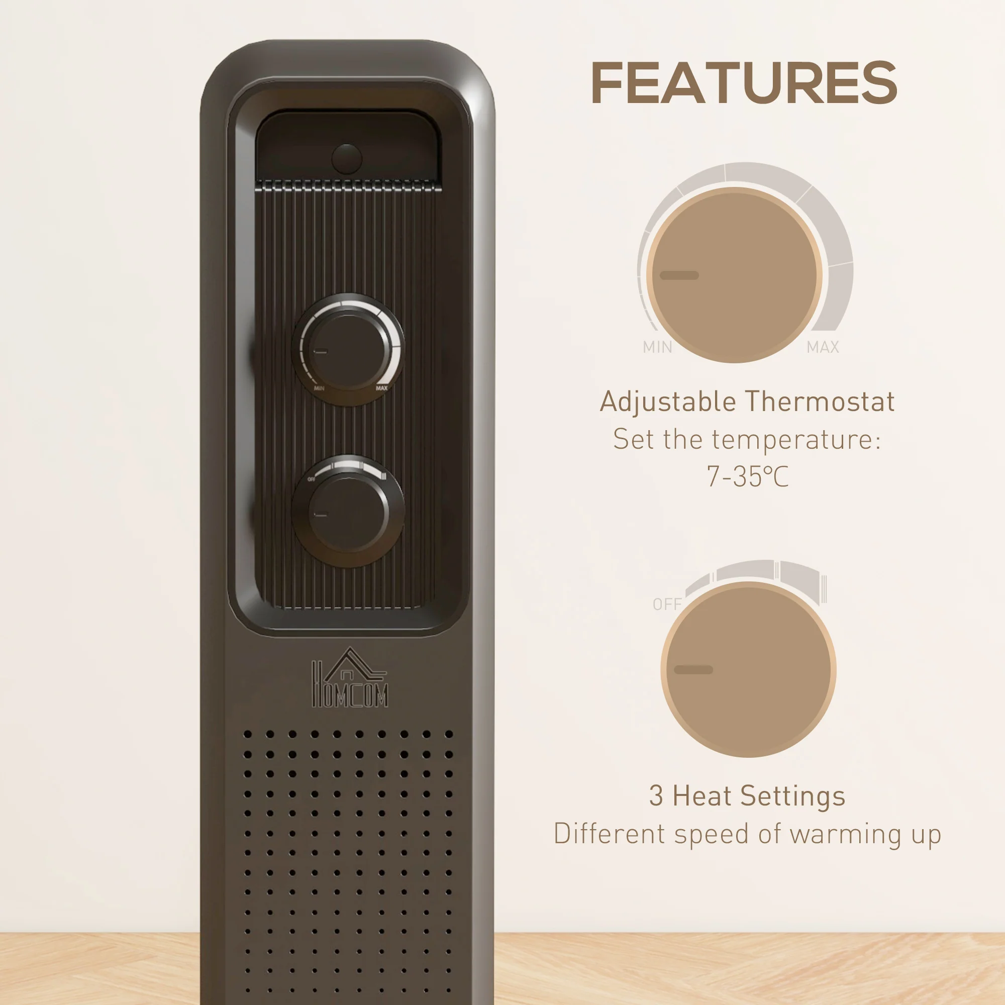 HOMCOM Oil Filled Radiator Portable Space Heater W/ 11 Fin, 3 Heat Settings - Image 4