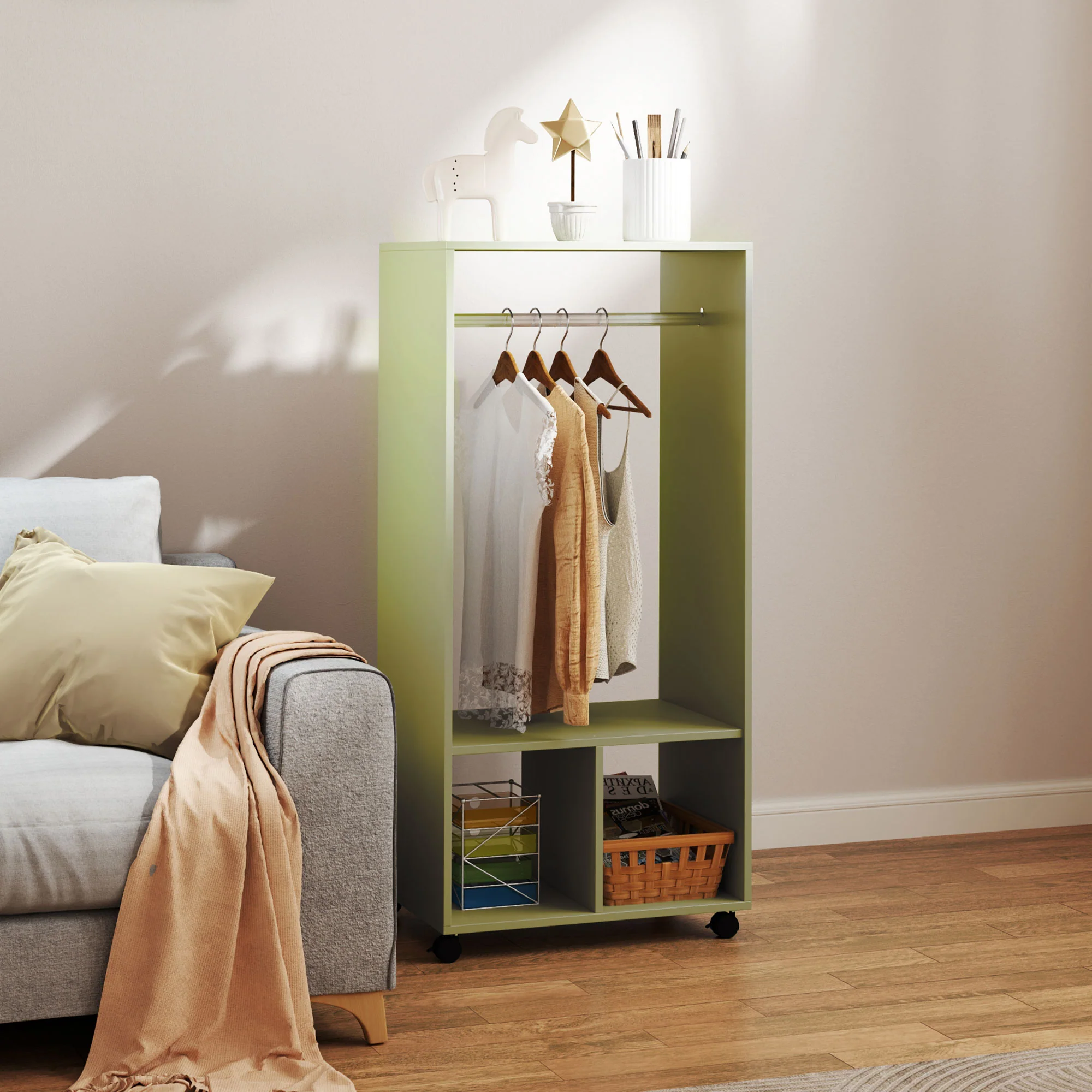 HOMCOM Open Wardrobe Clothes Rail Bedroom Clothes Storage Rod Shelves Green - Image 2