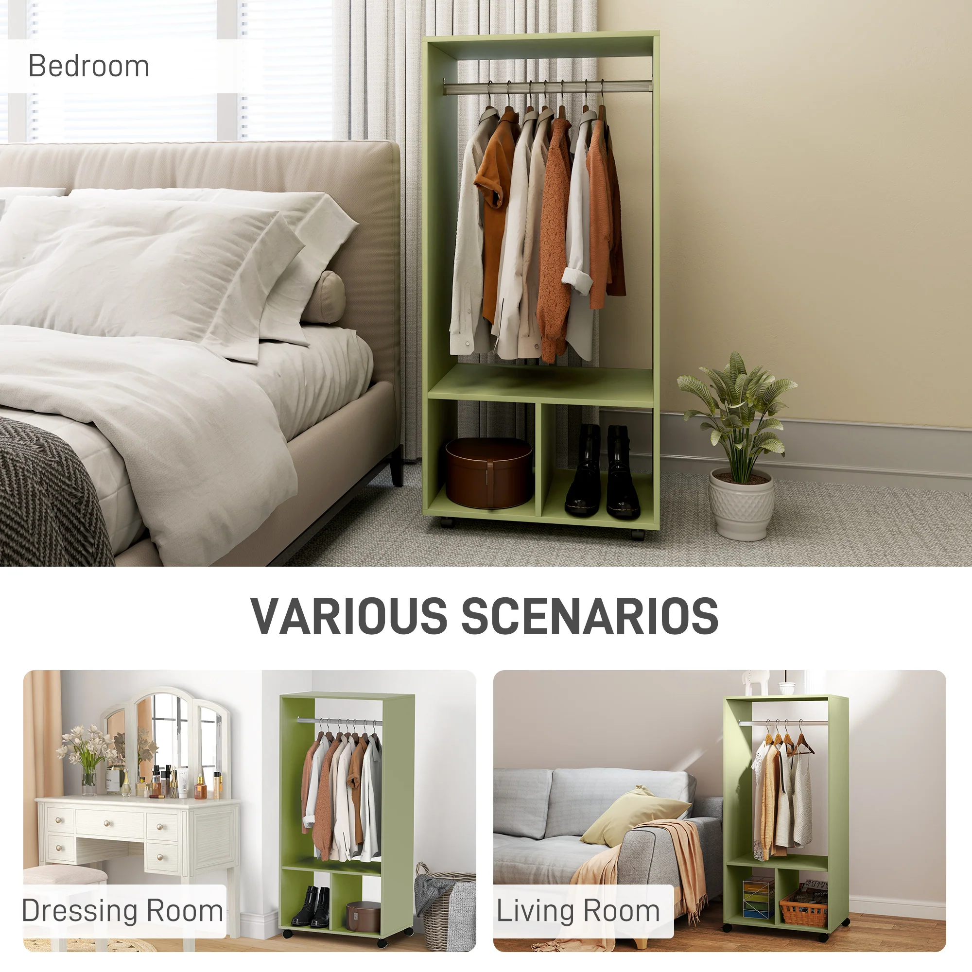 HOMCOM Open Wardrobe Clothes Rail Bedroom Clothes Storage Rod Shelves Green - Image 6