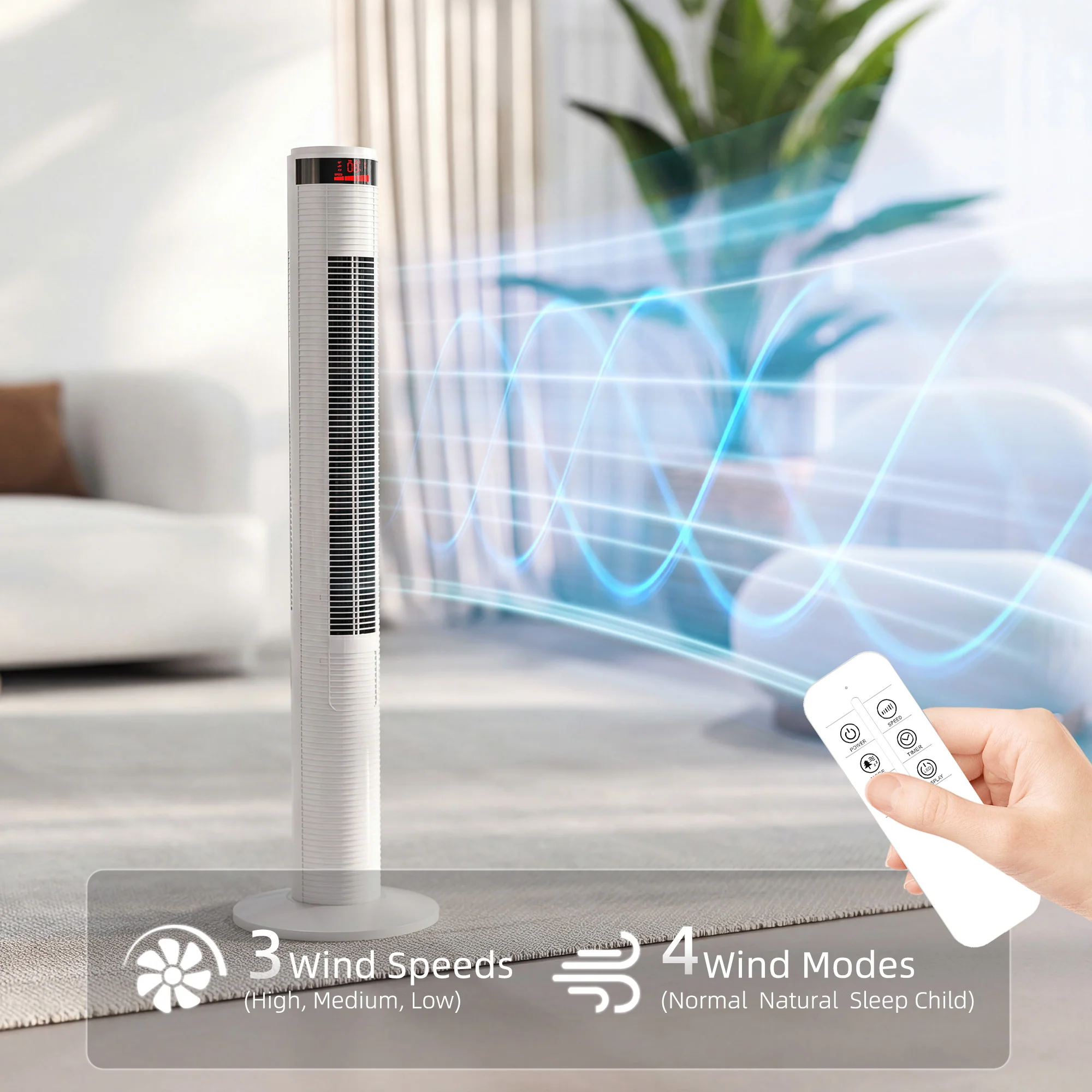 HOMCOM Oscillating Tower Fan Remote Control 3 Speed Modes Cooling Machine White - Image 4