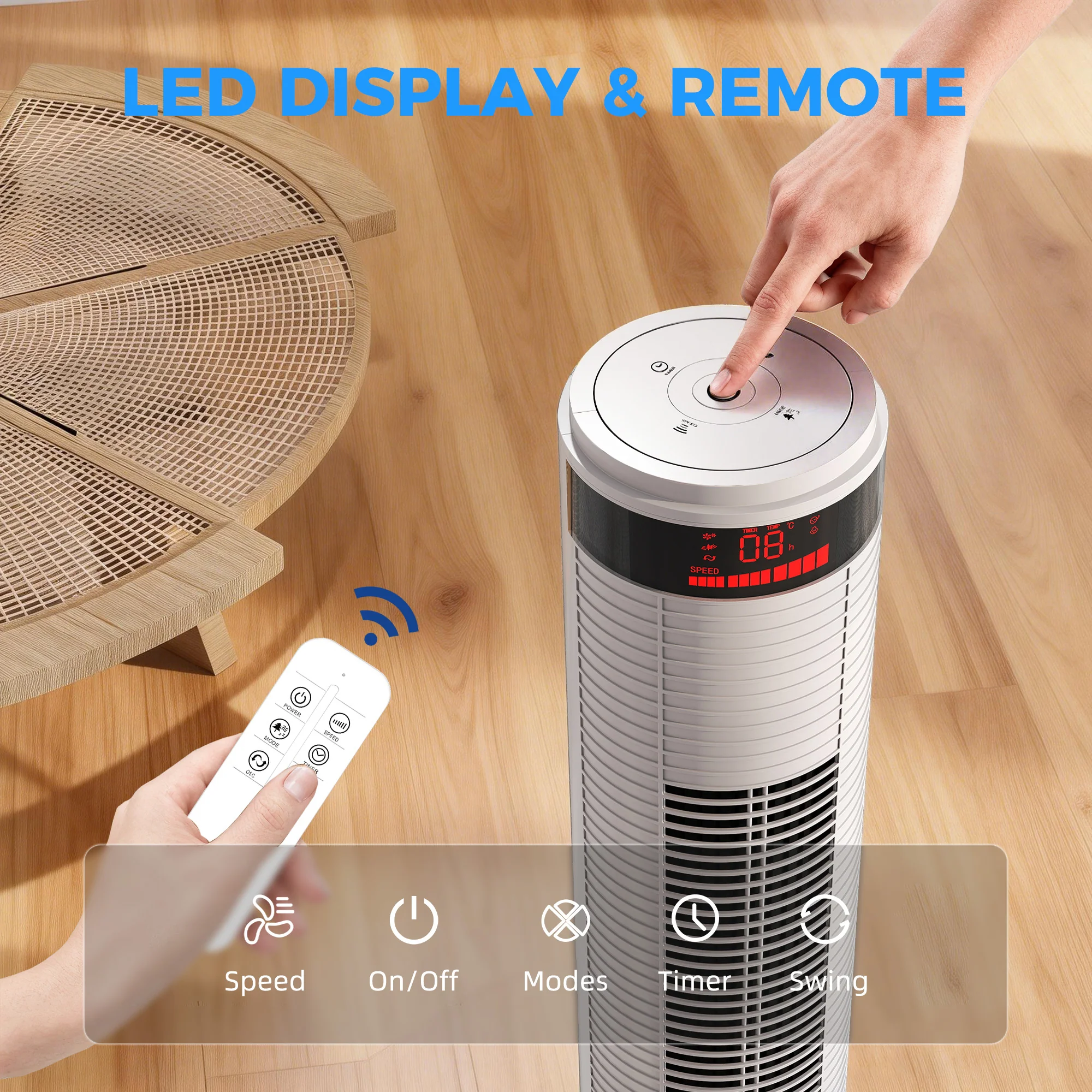 HOMCOM Oscillating Tower Fan Remote Control 3 Speed Modes Cooling Machine White - Image 6